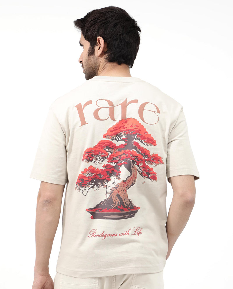 Rare Rabbit Articale Men's Bonz Beige Cotton Polyester Fabric Crew Neck Oversized Fit Botanical Print T-Shirt