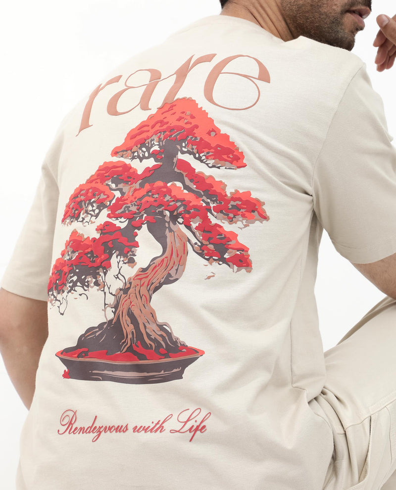 Rare Rabbit Articale Men's Bonz Beige Cotton Polyester Fabric Crew Neck Oversized Fit Botanical Print T-Shirt