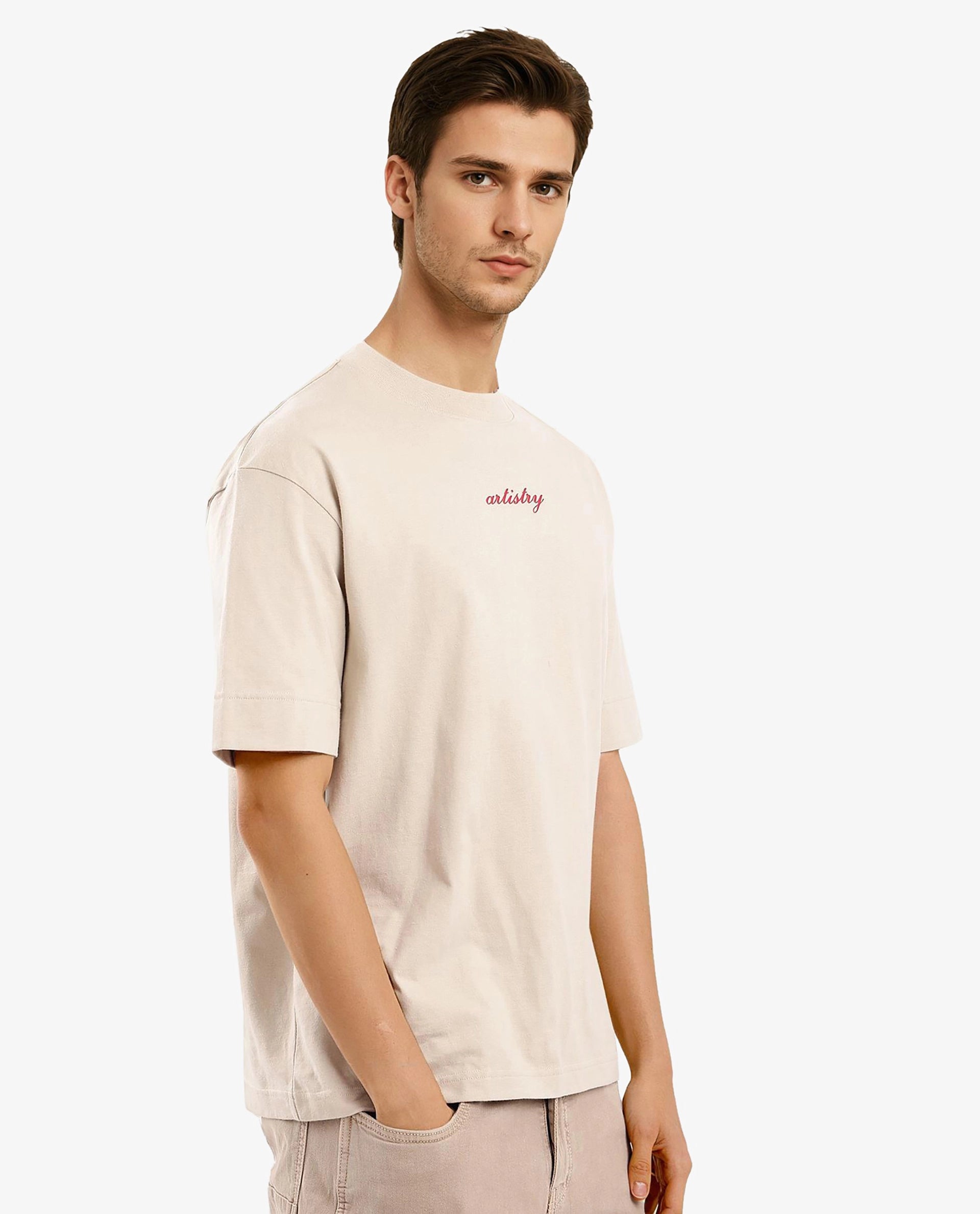 Rare Rabbit Articale Men's Bonz Beige Cotton Polyester Fabric Crew Neck Oversized Fit Botanical Print T-Shirt