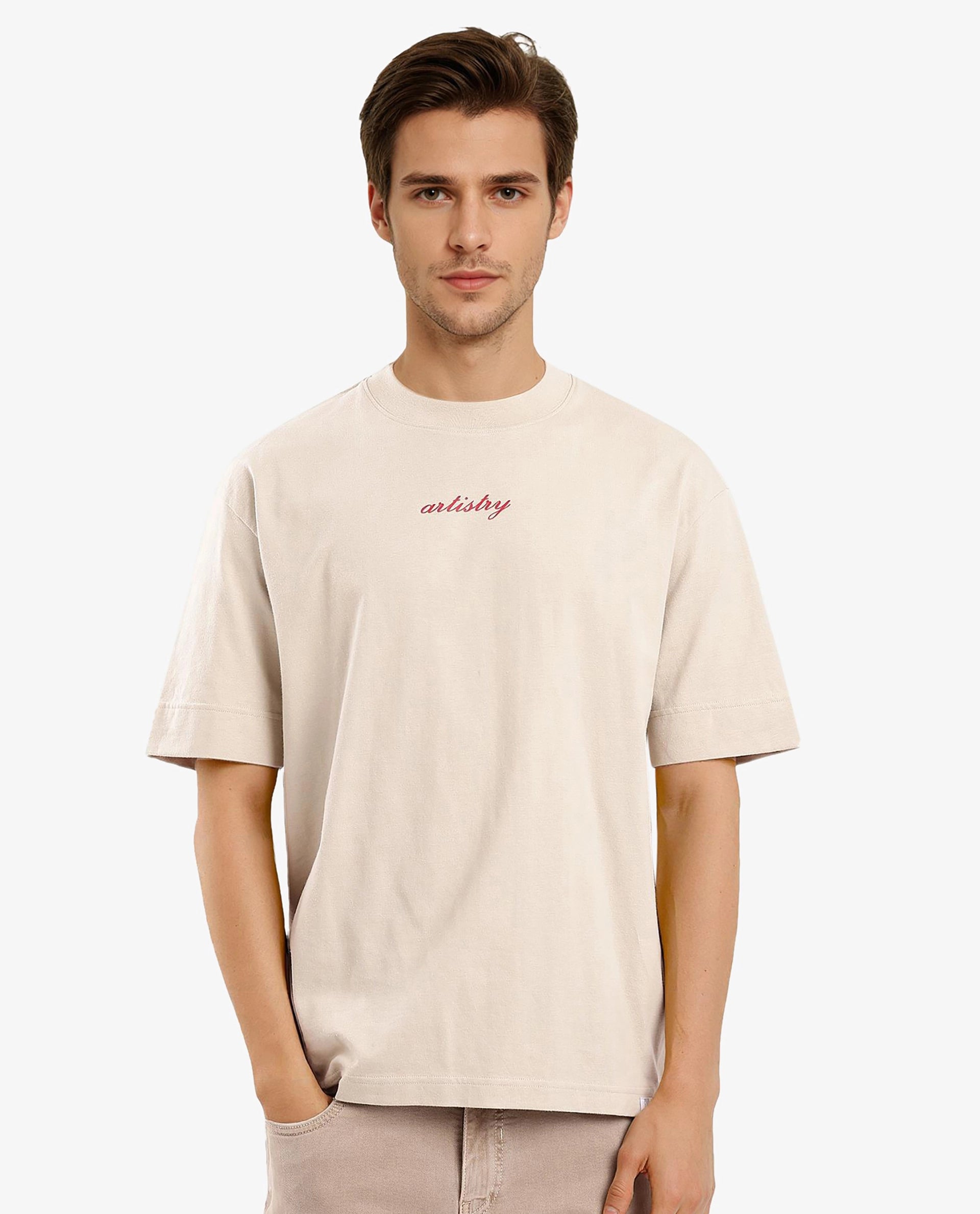 Rare Rabbit Articale Men's Bonz Beige Cotton Polyester Fabric Crew Neck Oversized Fit Botanical Print T-Shirt