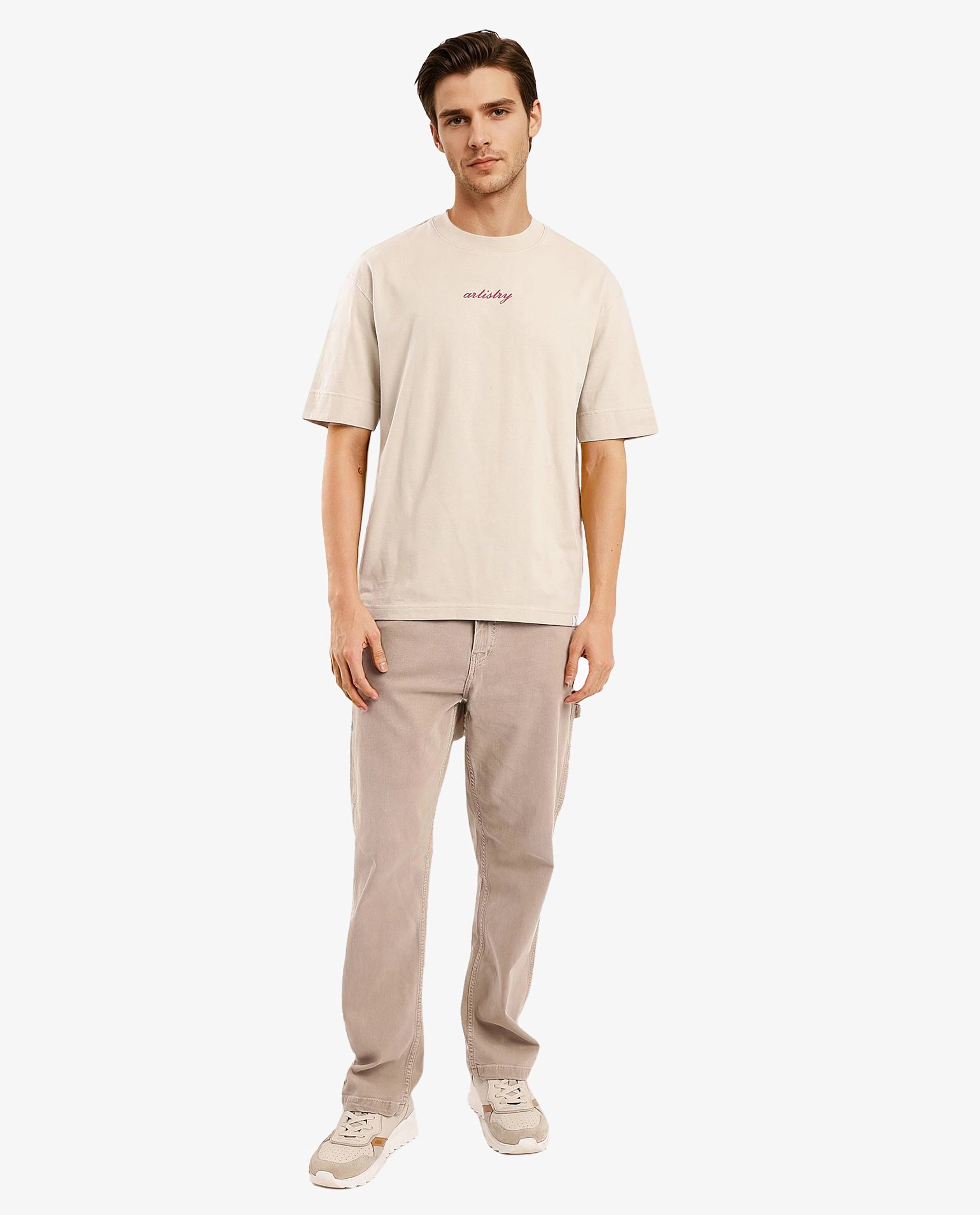 Rare Rabbit Articale Men's Bonz Beige Cotton Polyester Fabric Crew Neck Oversized Fit Botanical Print T-Shirt