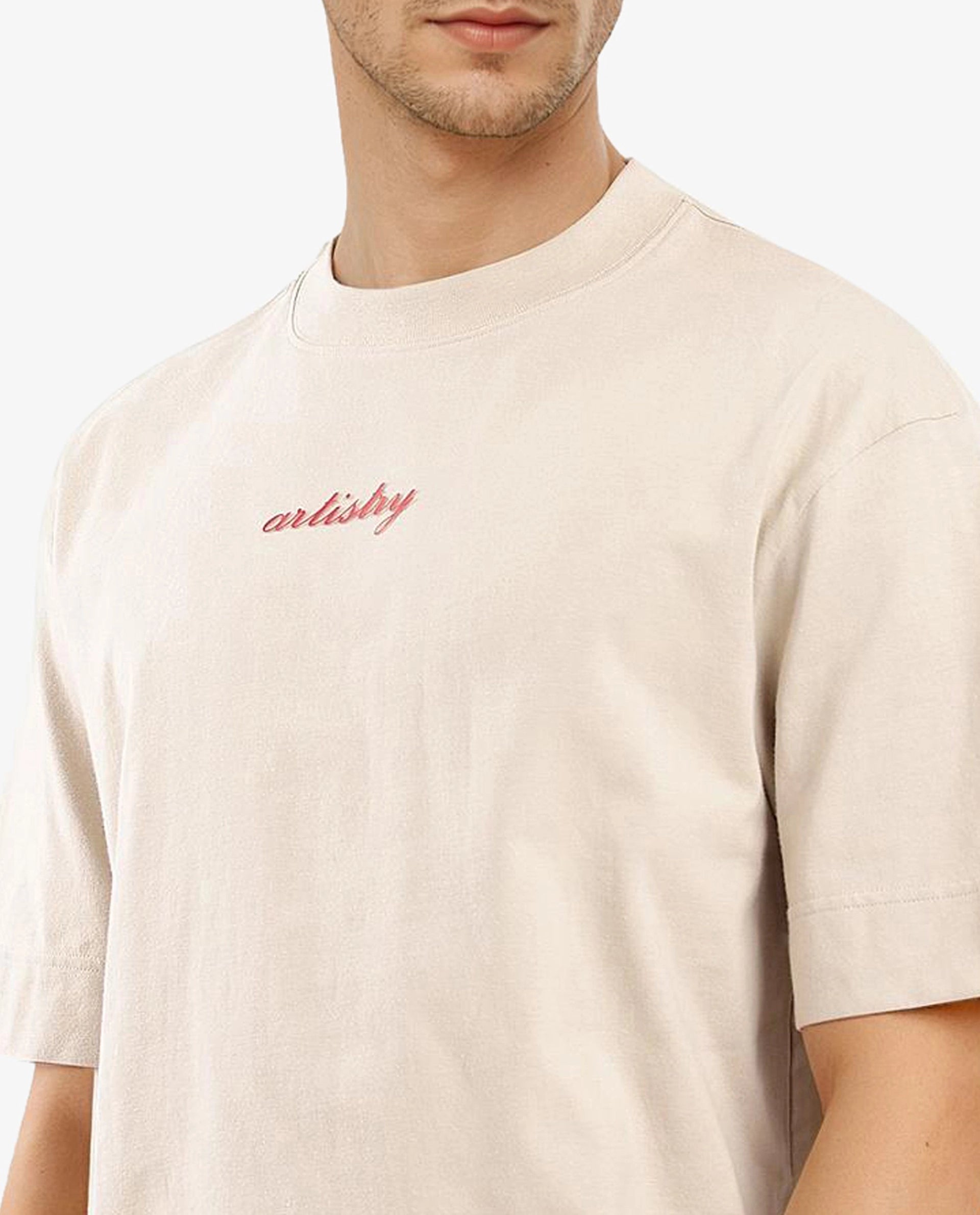 Rare Rabbit Articale Men's Bonz Beige Cotton Polyester Fabric Crew Neck Oversized Fit Botanical Print T-Shirt