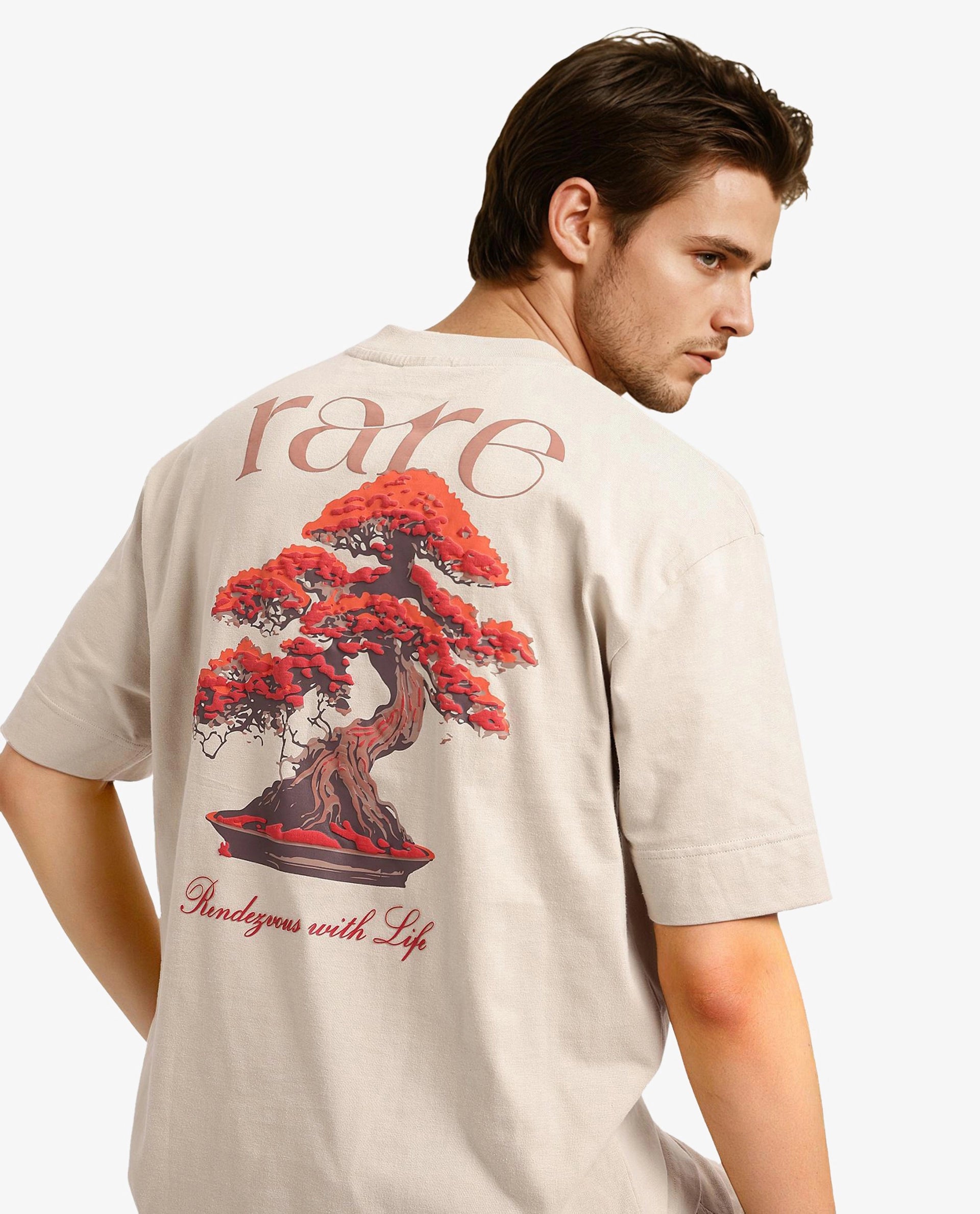 Rare Rabbit Articale Men's Bonz Beige Cotton Polyester Fabric Crew Neck Oversized Fit Botanical Print T-Shirt