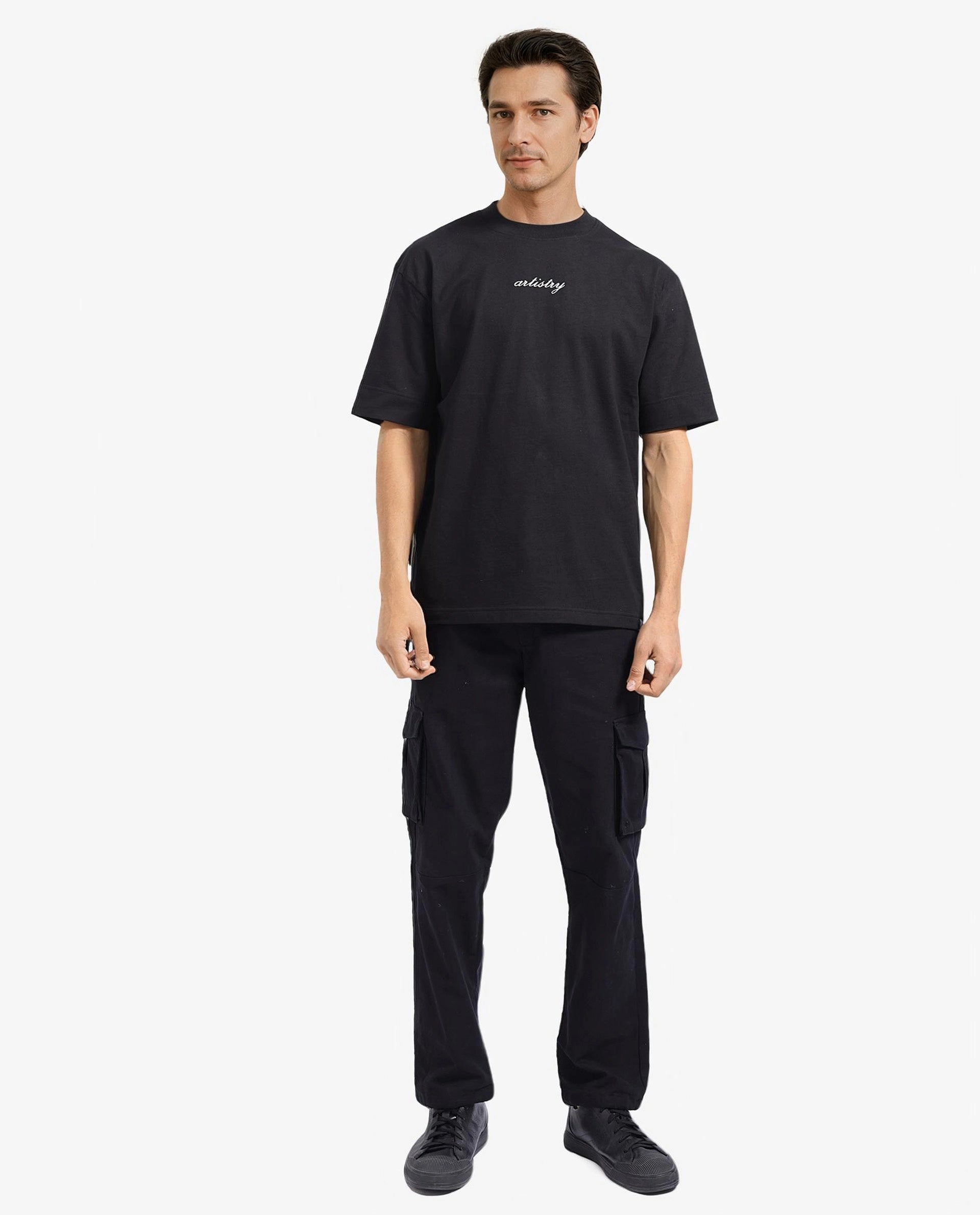 Rare Rabbit Men Bonz-1 Black Knitted Short Sleeve Crew Neck Oversized Fit Puff Graphic Print T-Shirt