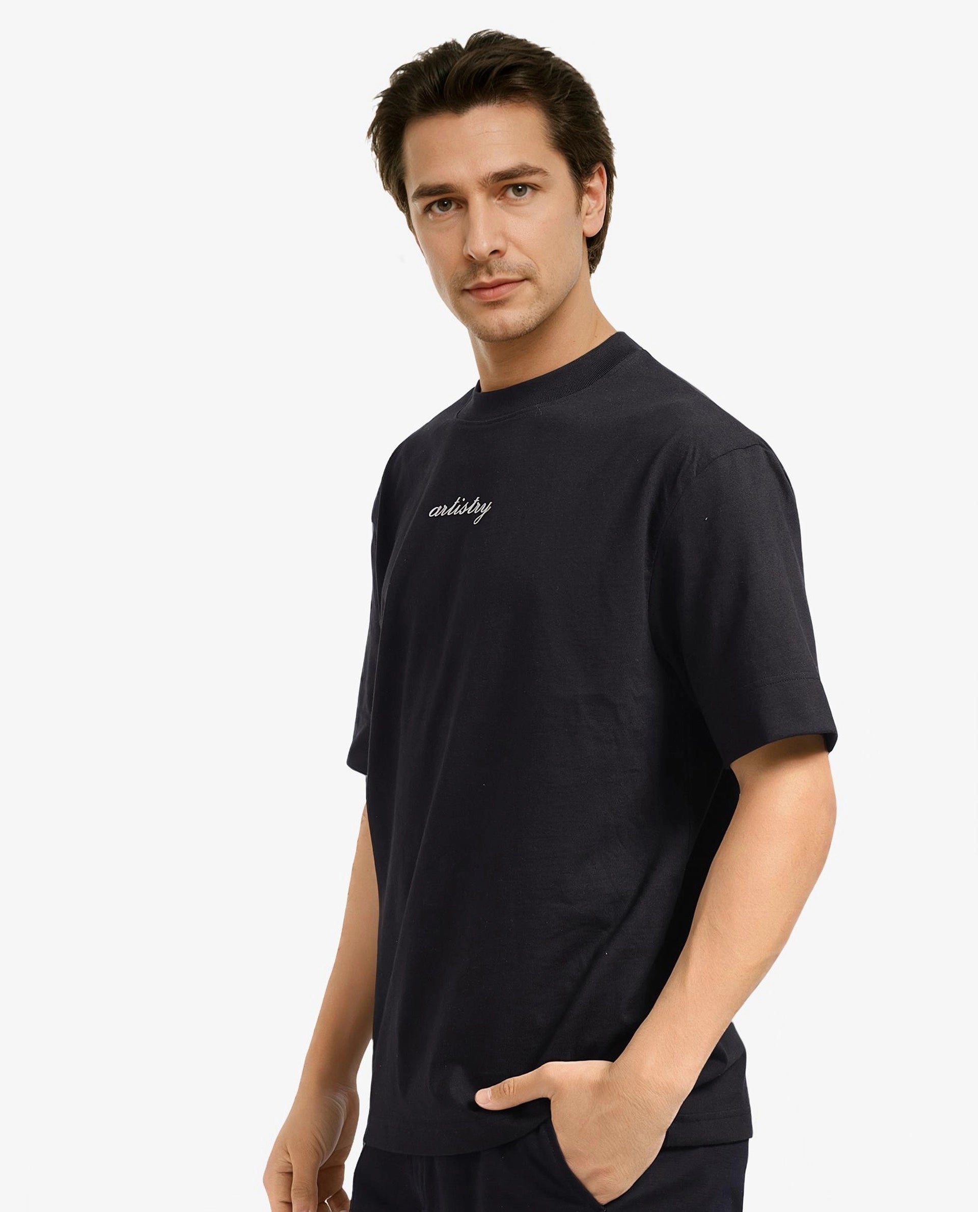 Rare Rabbit Men Bonz-1 Black Knitted Short Sleeve Crew Neck Oversized Fit Puff Graphic Print T-Shirt