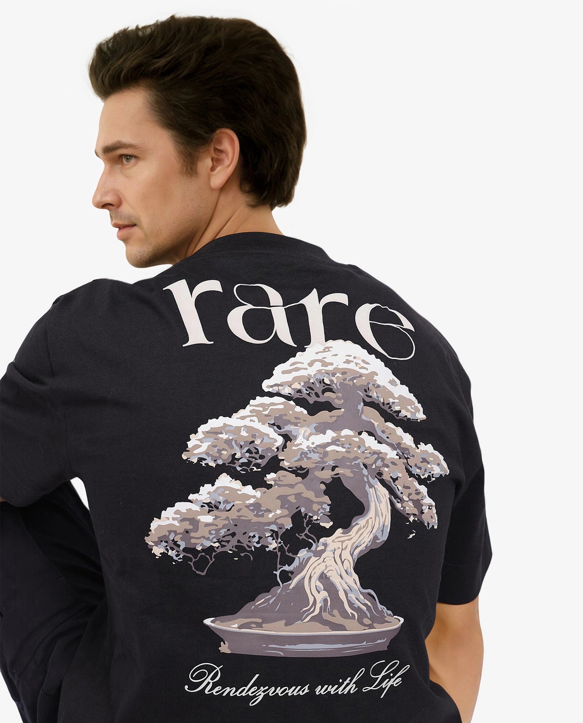 Rare Rabbit Men Bonz-1 Black Knitted Short Sleeve Crew Neck Oversized Fit Puff Graphic Print T-Shirt