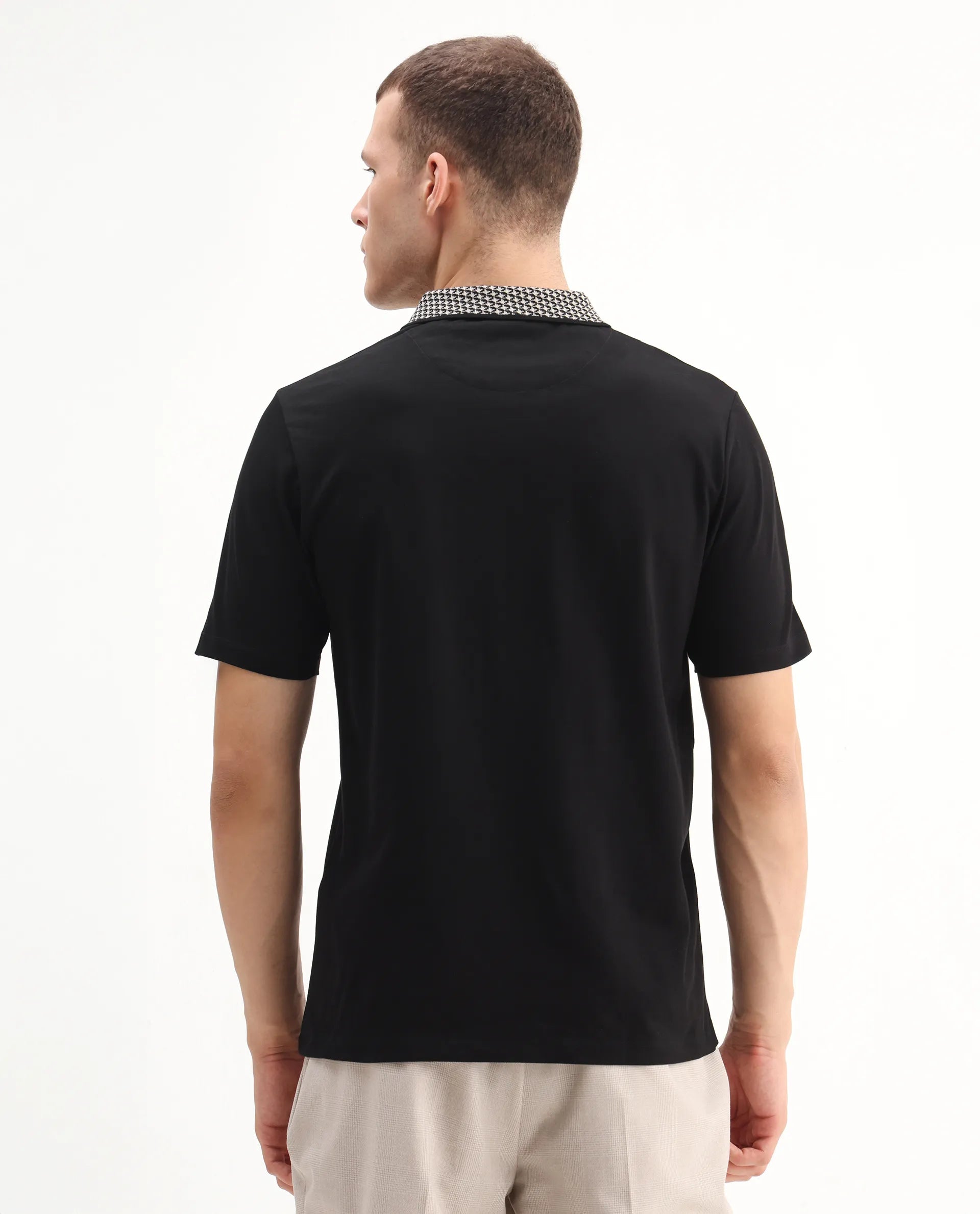 Rare Rabbit Men's Booth Black Cotton Embroidered Regular Fit Half Sleeve Polo