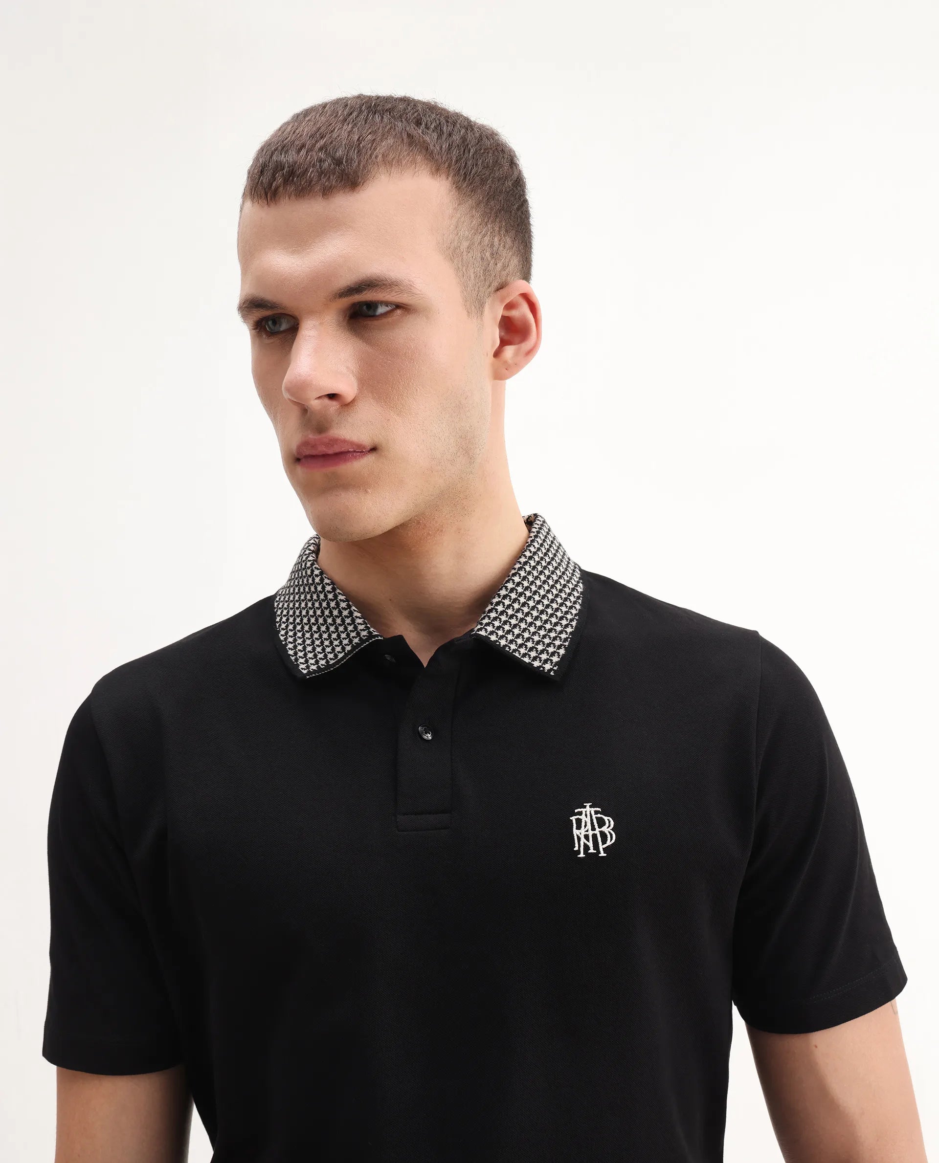 Rare Rabbit Men's Booth Black Cotton Embroidered Regular Fit Half Sleeve Polo