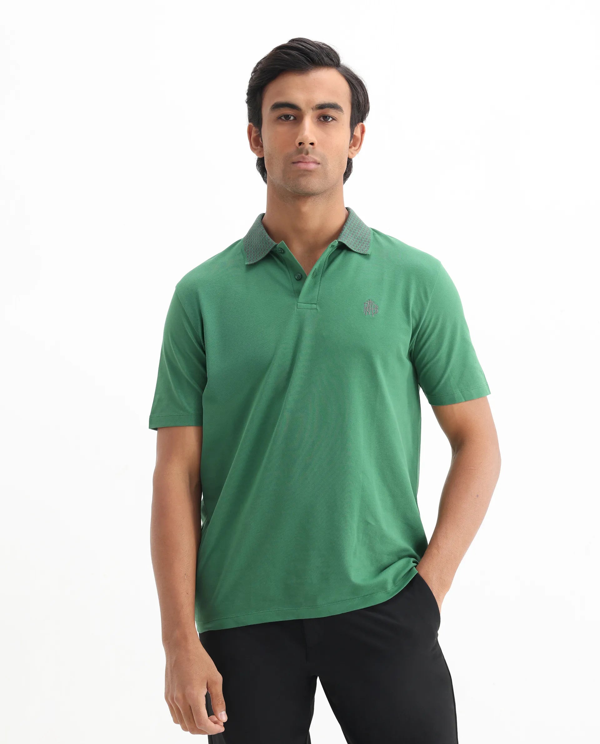 Rare Rabbit Men's Booth Green Cotton Embroidered Regular Fit Half Sleeve Polo
