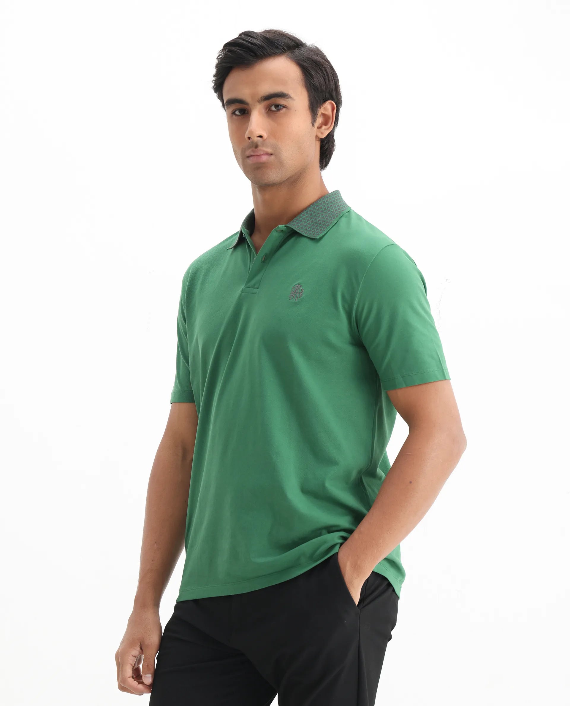 Rare Rabbit Men's Booth Green Cotton Embroidered Regular Fit Half Sleeve Polo