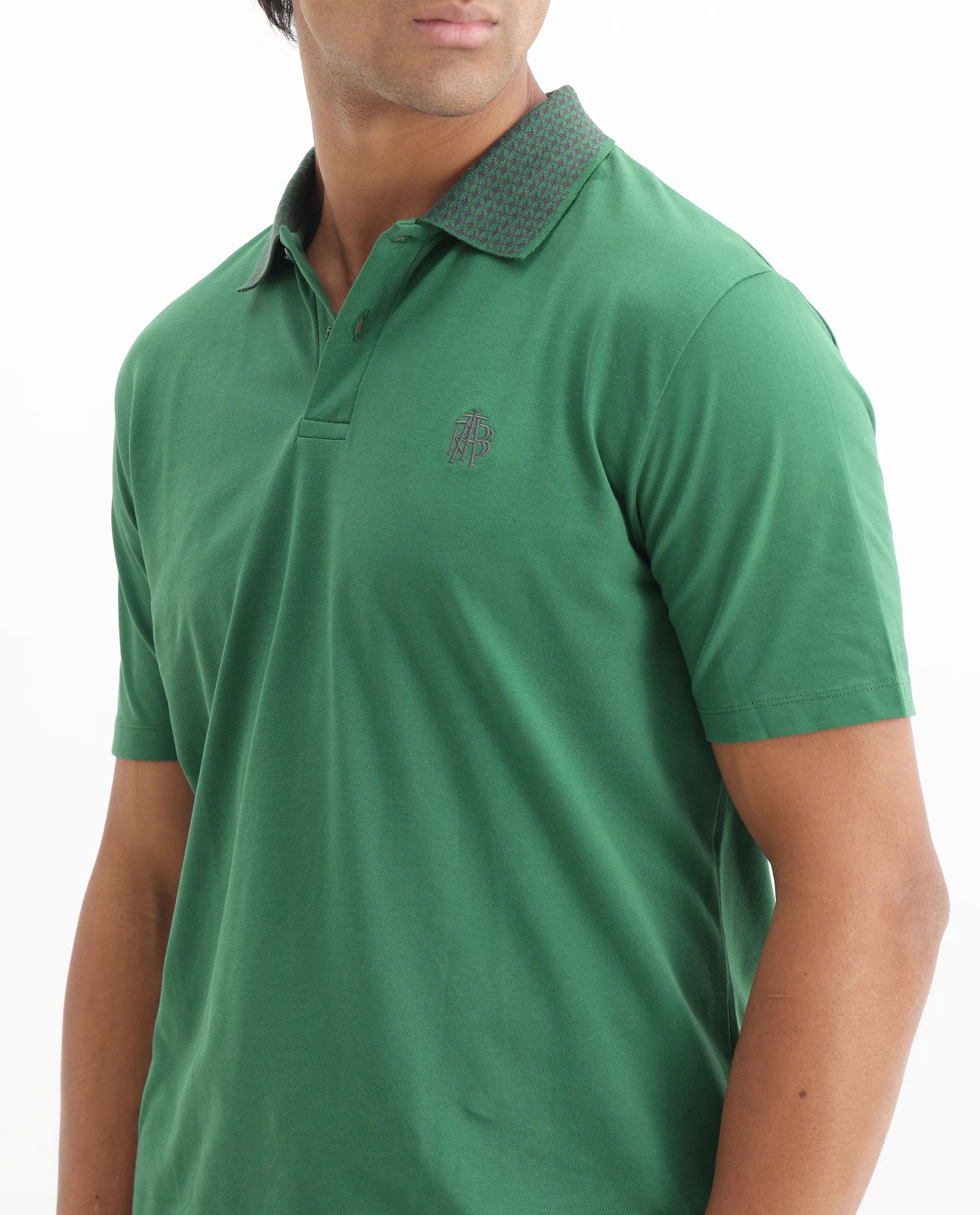 Rare Rabbit Men's Booth Green Cotton Embroidered Regular Fit Half Sleeve Polo
