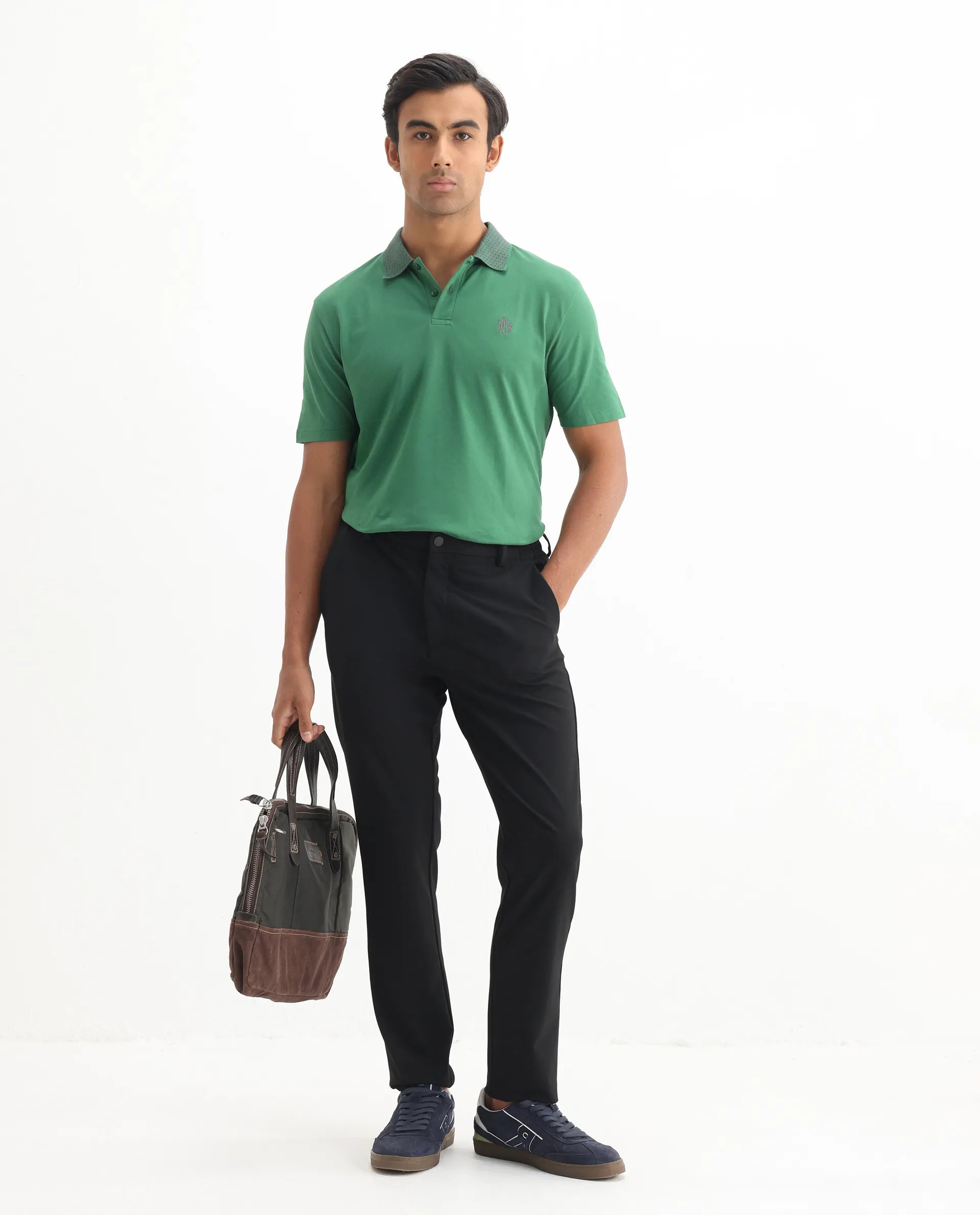 Rare Rabbit Men's Booth Green Cotton Embroidered Regular Fit Half Sleeve Polo