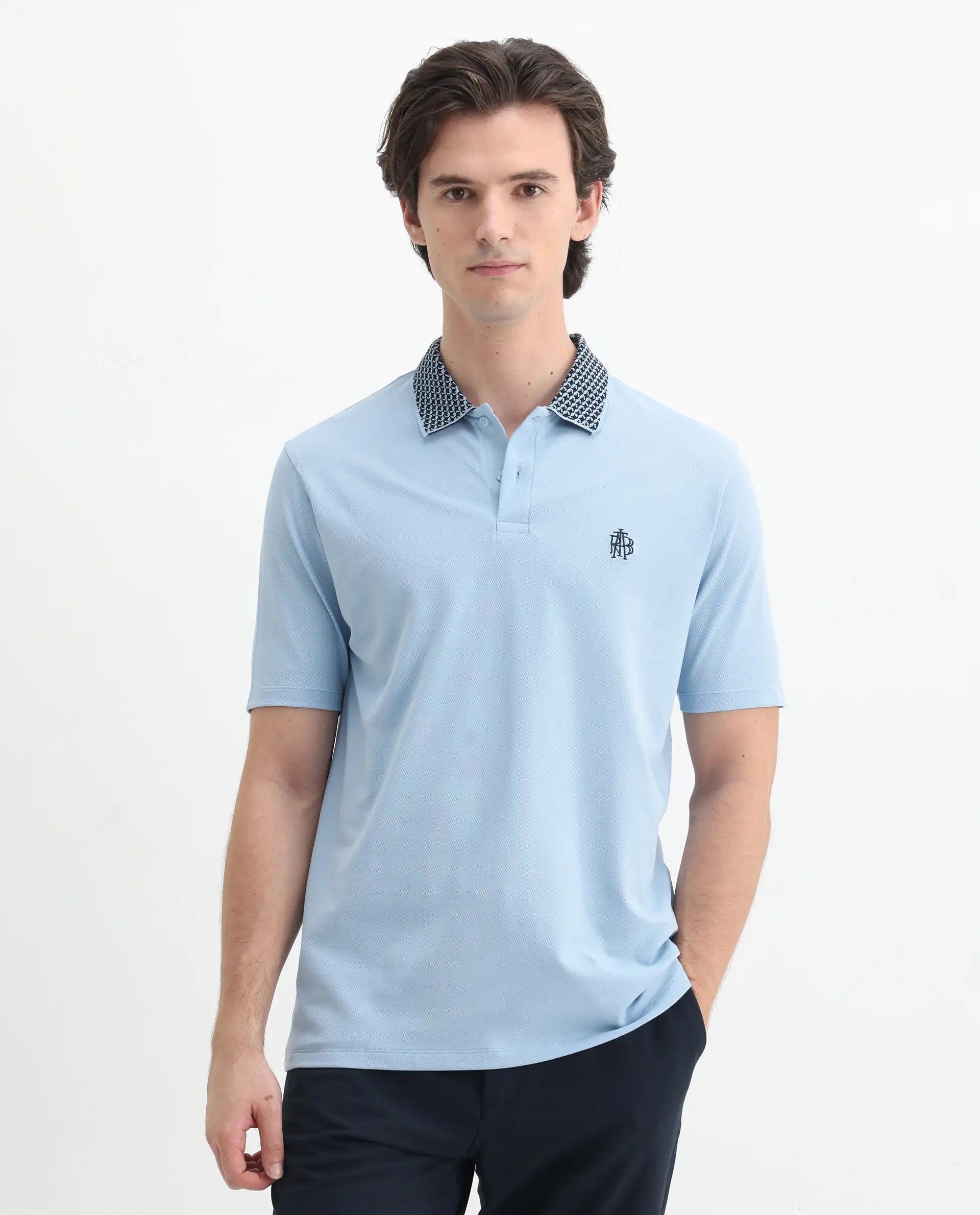Rare Rabbit Men's Booth Light Blue Cotton Embroidered Regular Fit Half Sleeve Polo