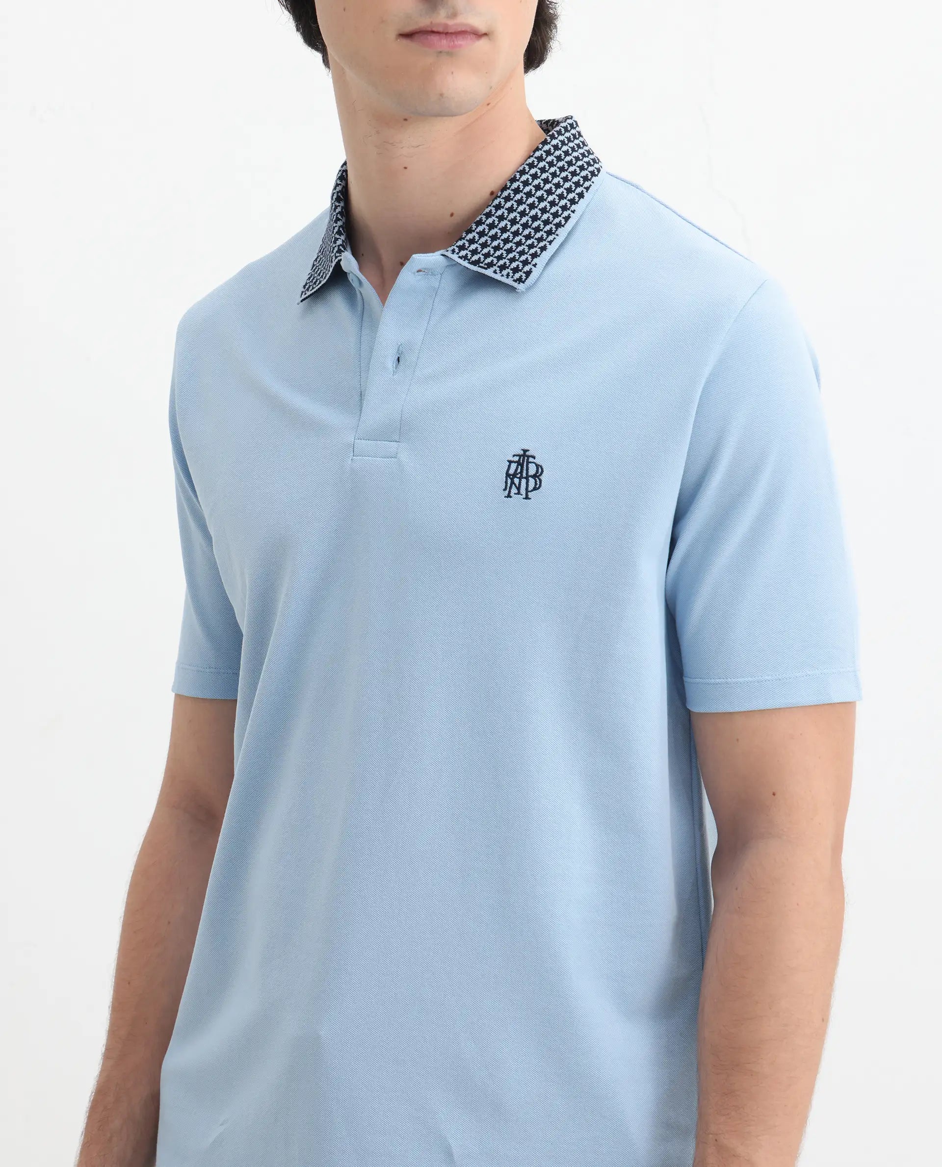 Rare Rabbit Men's Booth Light Blue Cotton Embroidered Regular Fit Half Sleeve Polo