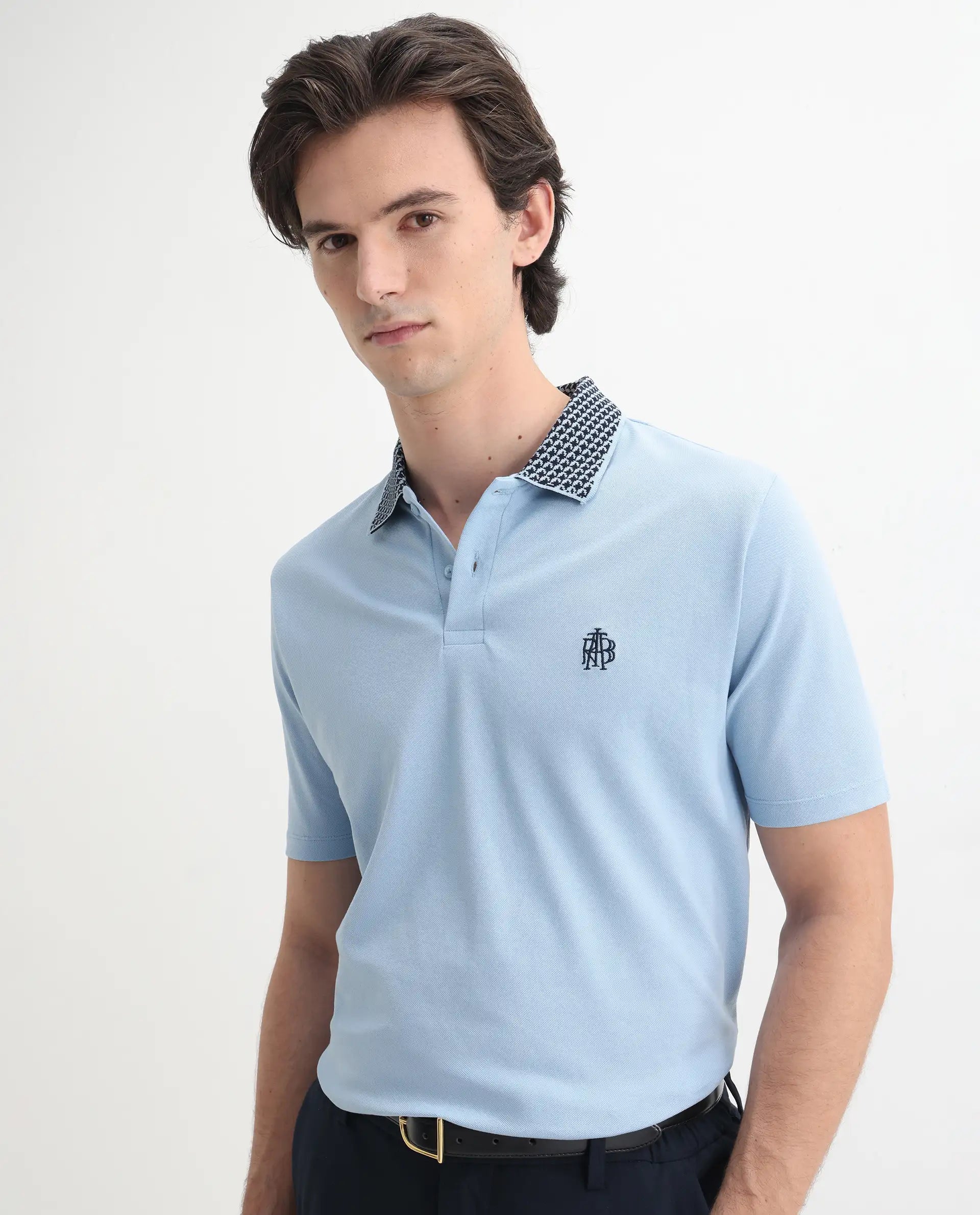 Rare Rabbit Men's Booth Light Blue Cotton Embroidered Regular Fit Half Sleeve Polo