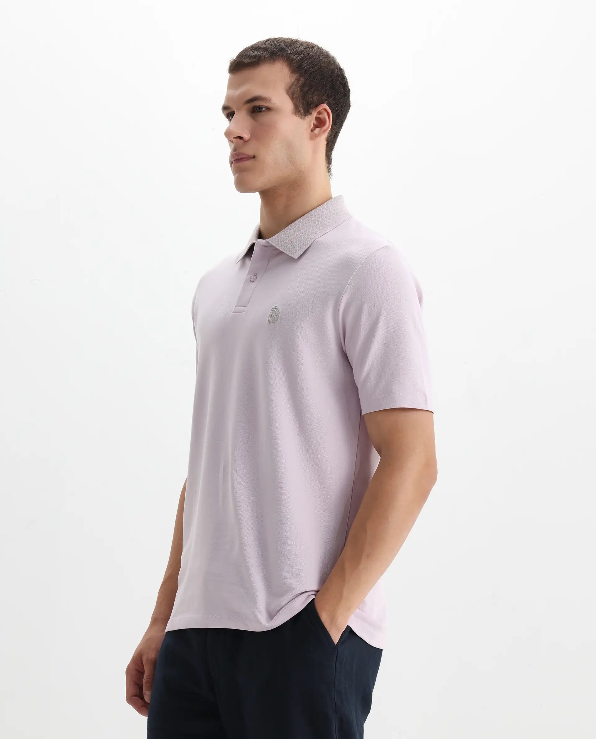 Rare Rabbit Men's Booth Light Purple Cotton Embroidered Regular Fit Half Sleeve Polo