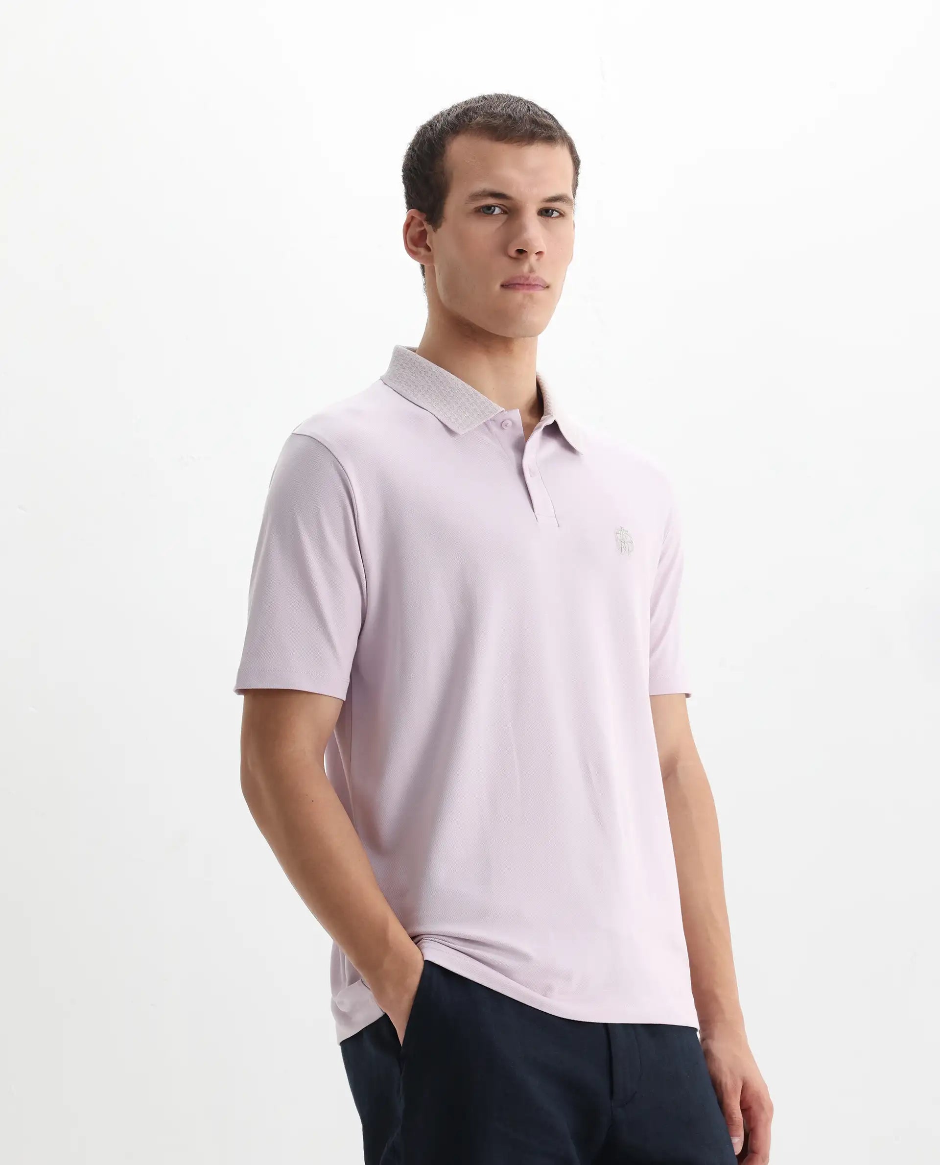 Rare Rabbit Men's Booth Light Purple Cotton Embroidered Regular Fit Half Sleeve Polo