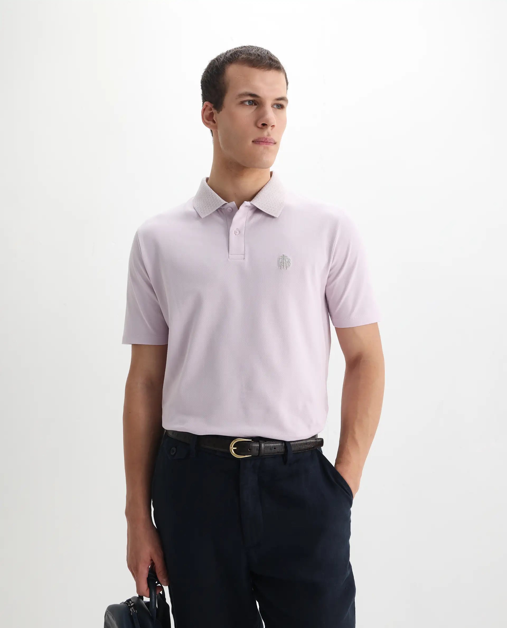 Rare Rabbit Men's Booth Light Purple Cotton Embroidered Regular Fit Half Sleeve Polo