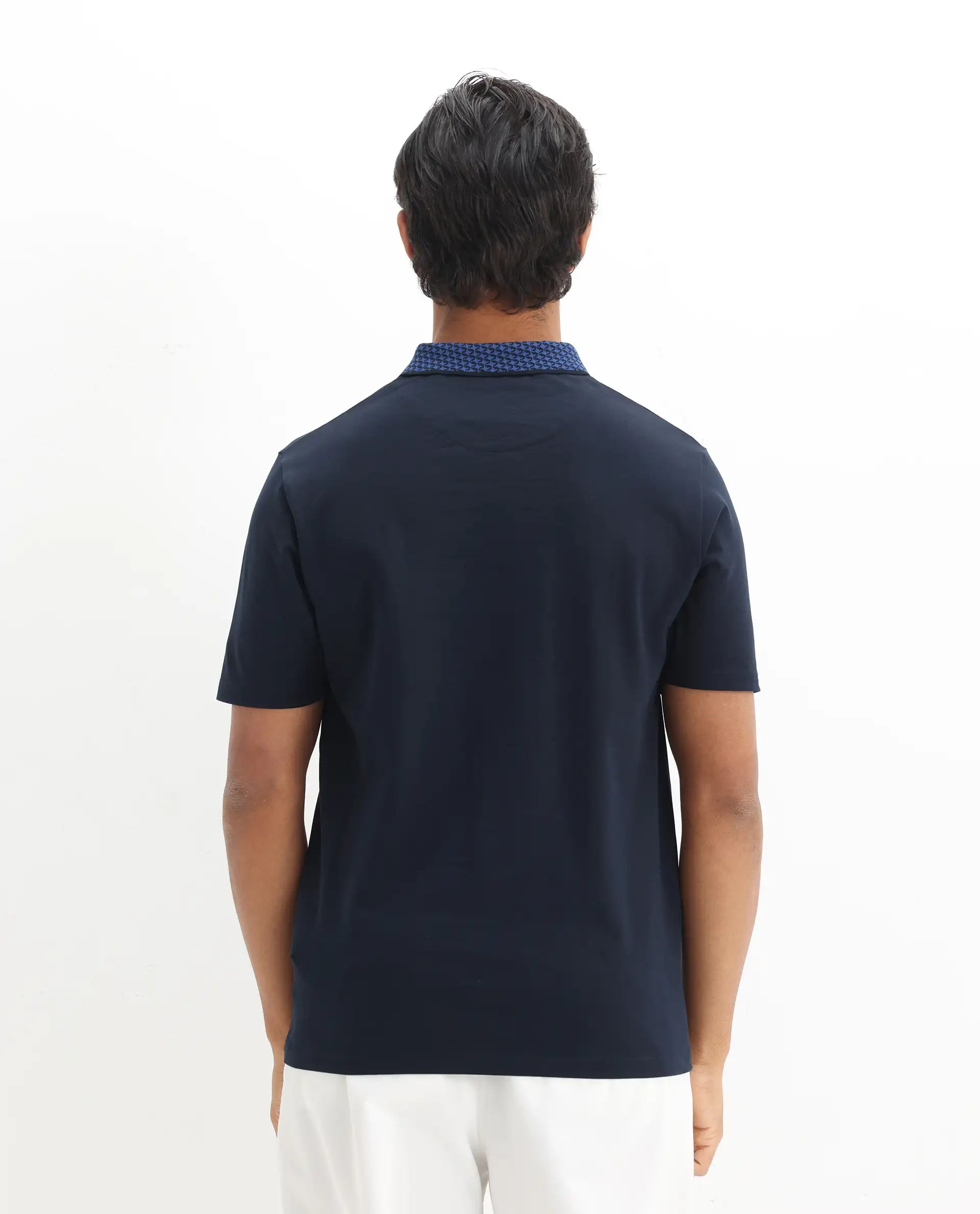 Rare Rabbit Men's Booth Navy Cotton Embroidered Regular Fit Half Sleeve Polo