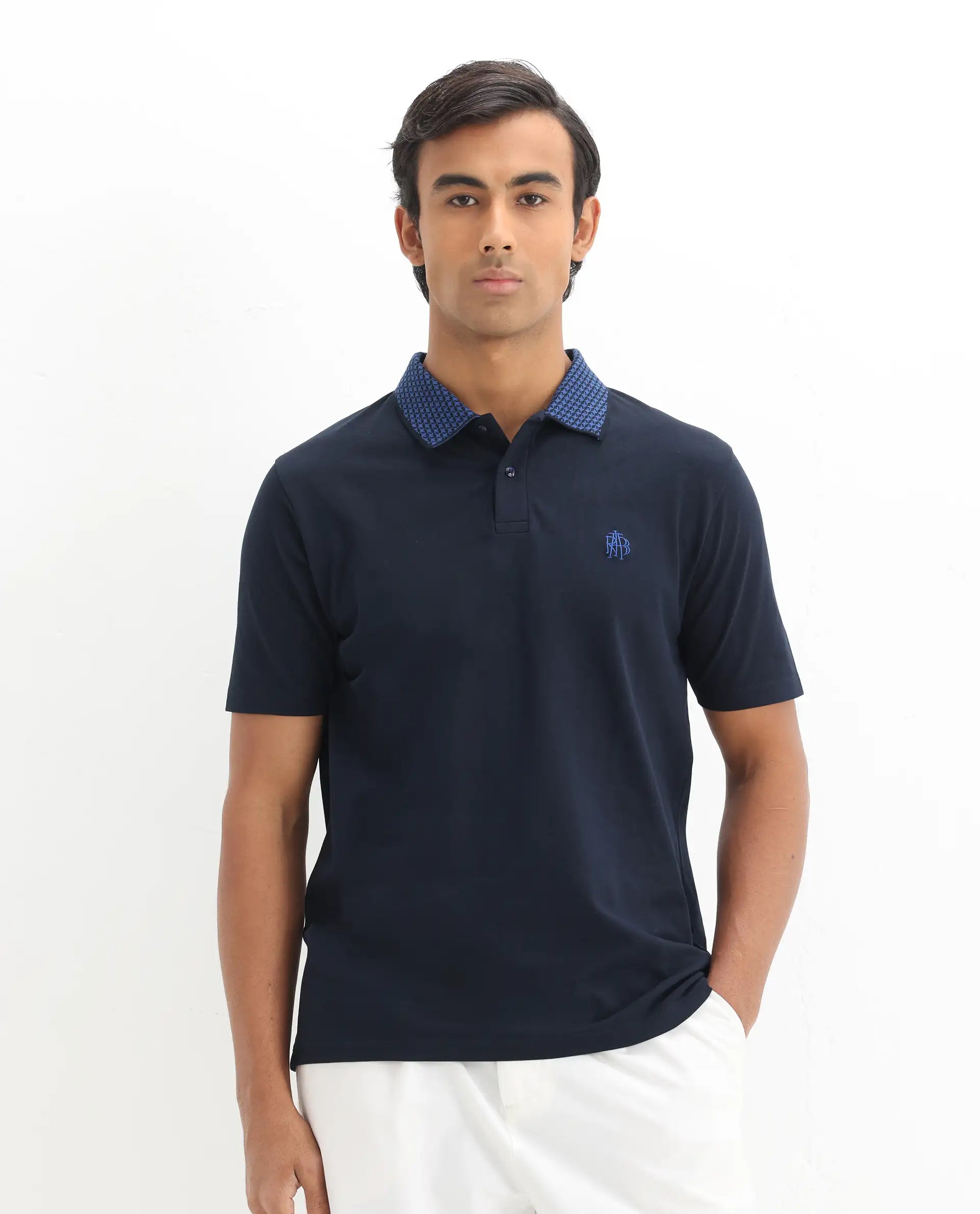 Rare Rabbit Men's Booth Navy Cotton Embroidered Regular Fit Half Sleeve Polo