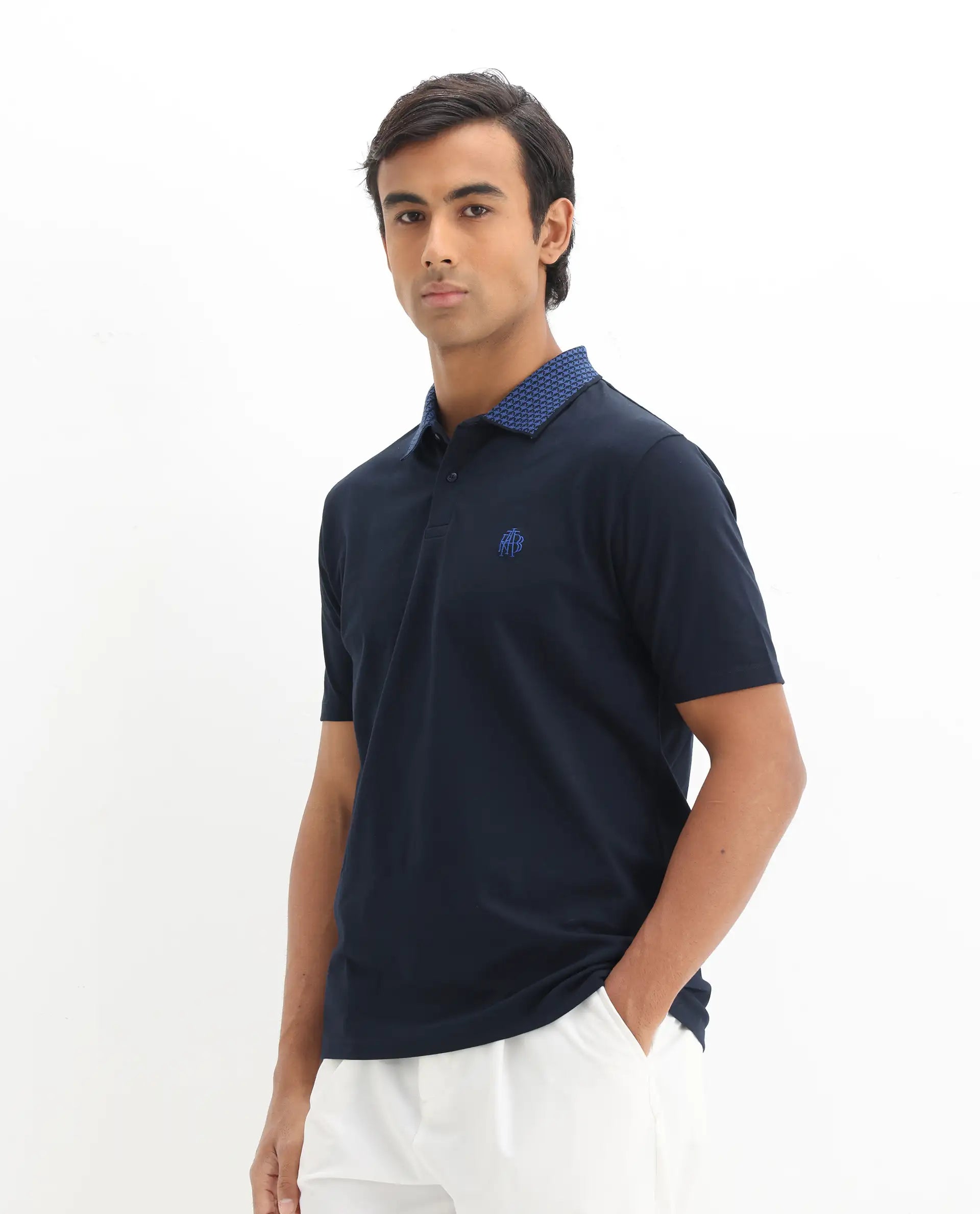 Rare Rabbit Men's Booth Navy Cotton Embroidered Regular Fit Half Sleeve Polo