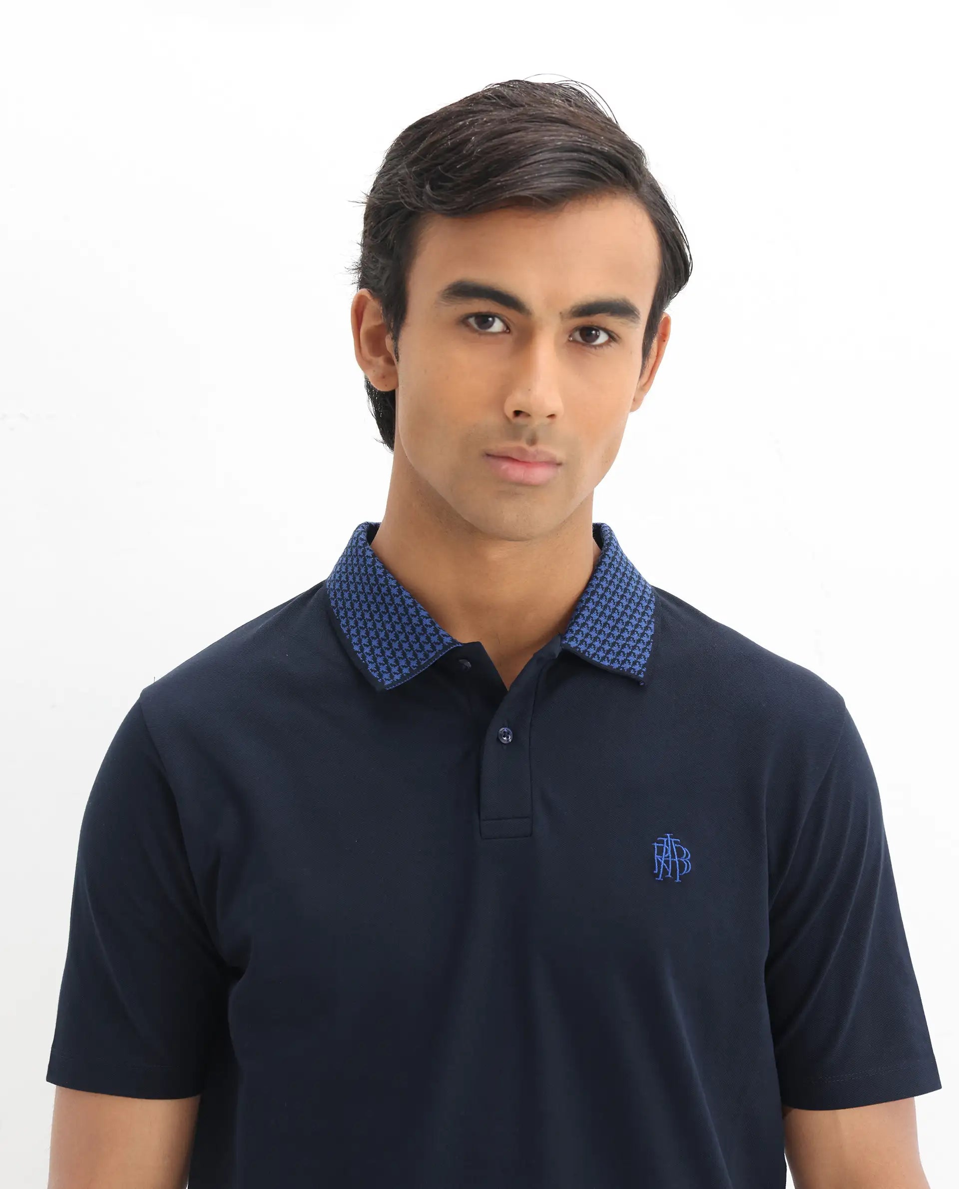 Rare Rabbit Men's Booth Navy Cotton Embroidered Regular Fit Half Sleeve Polo