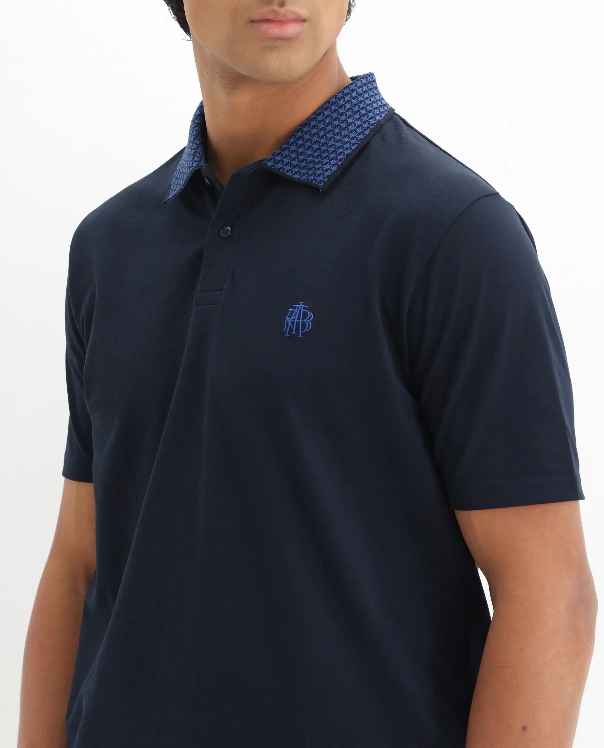 Rare Rabbit Men's Booth Navy Cotton Embroidered Regular Fit Half Sleeve Polo