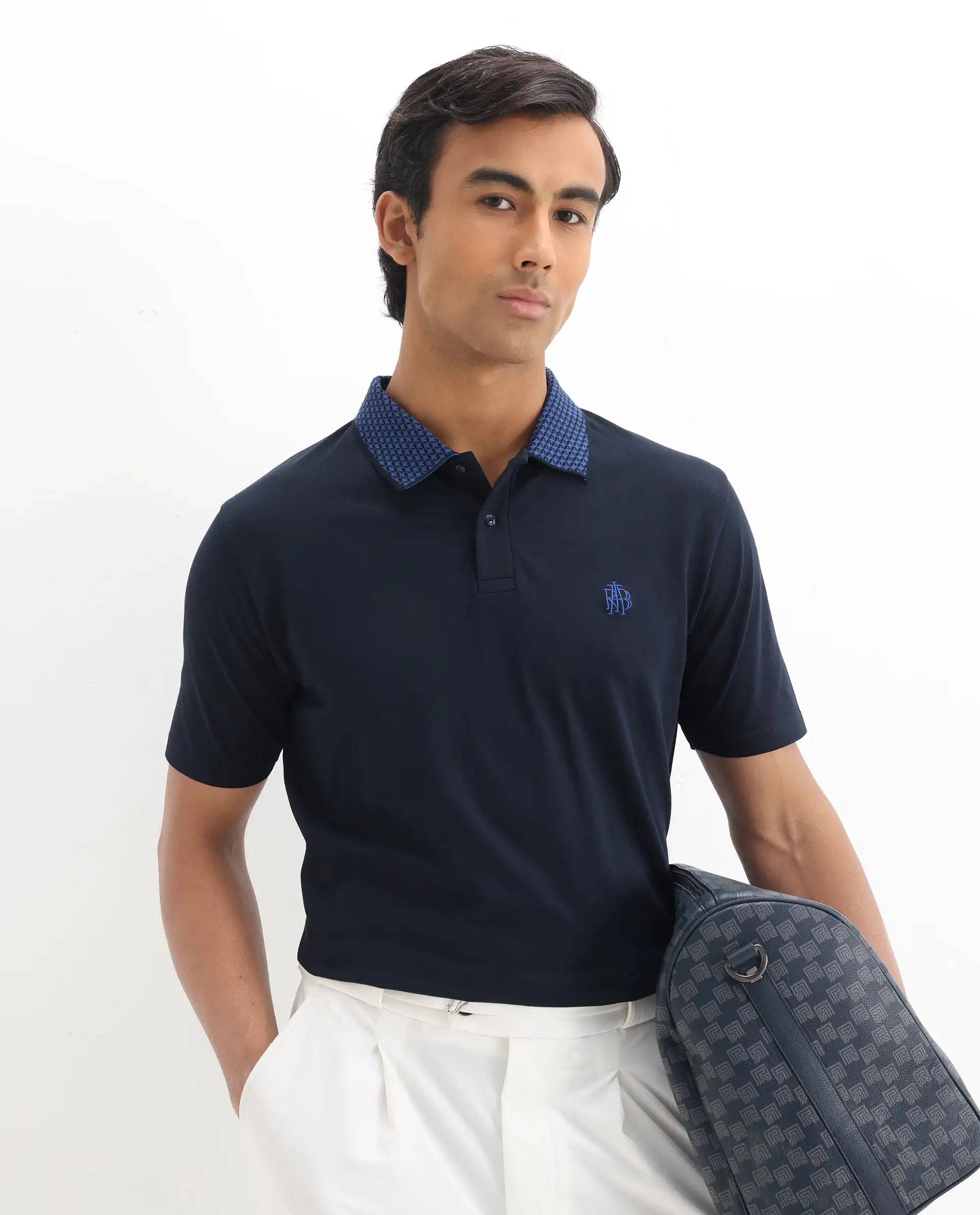 Rare Rabbit Men's Booth Navy Cotton Embroidered Regular Fit Half Sleeve Polo