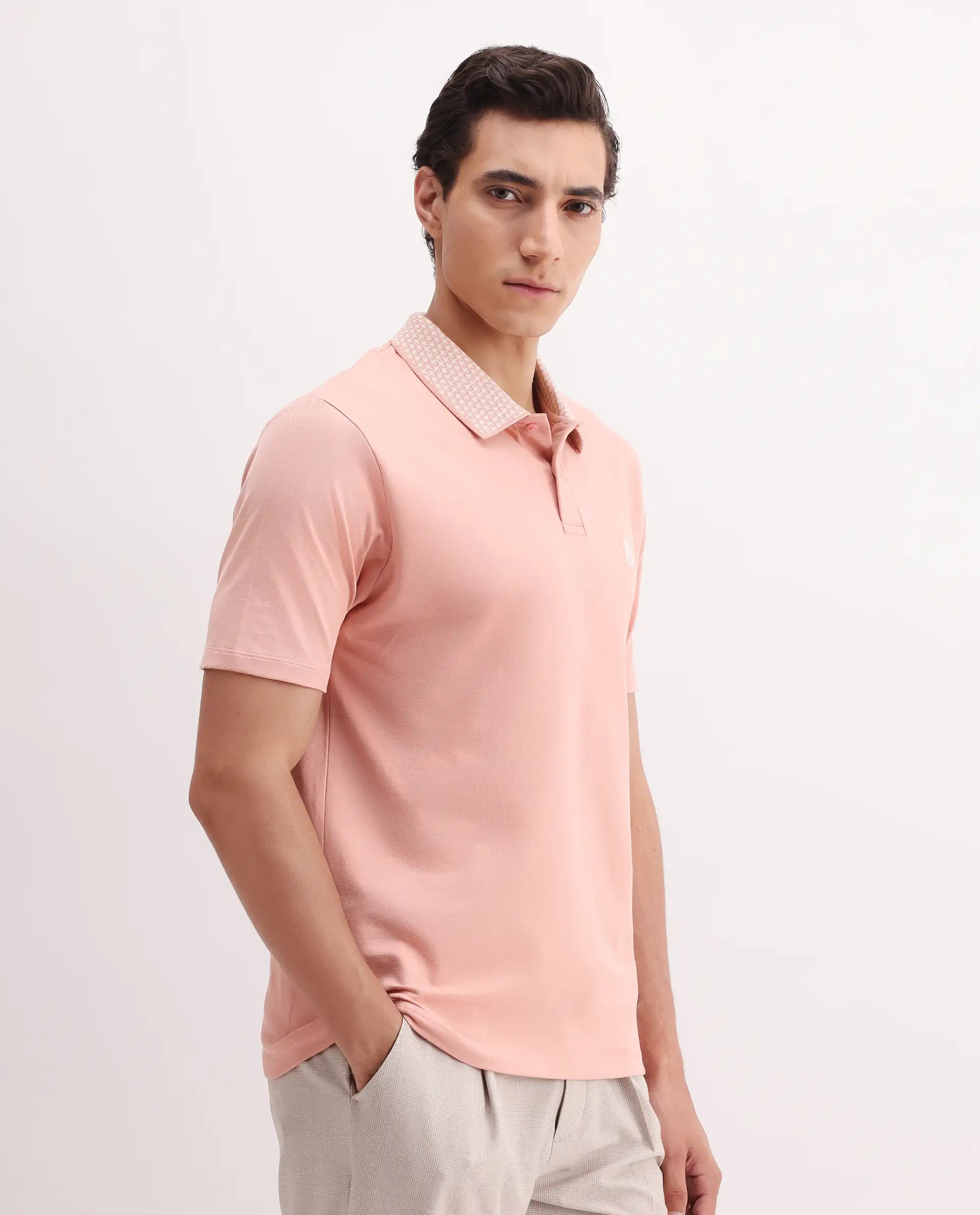 Rare Rabbit Men's Booth Light Peach Cotton Embroidered Regular Fit Half Sleeve Polo