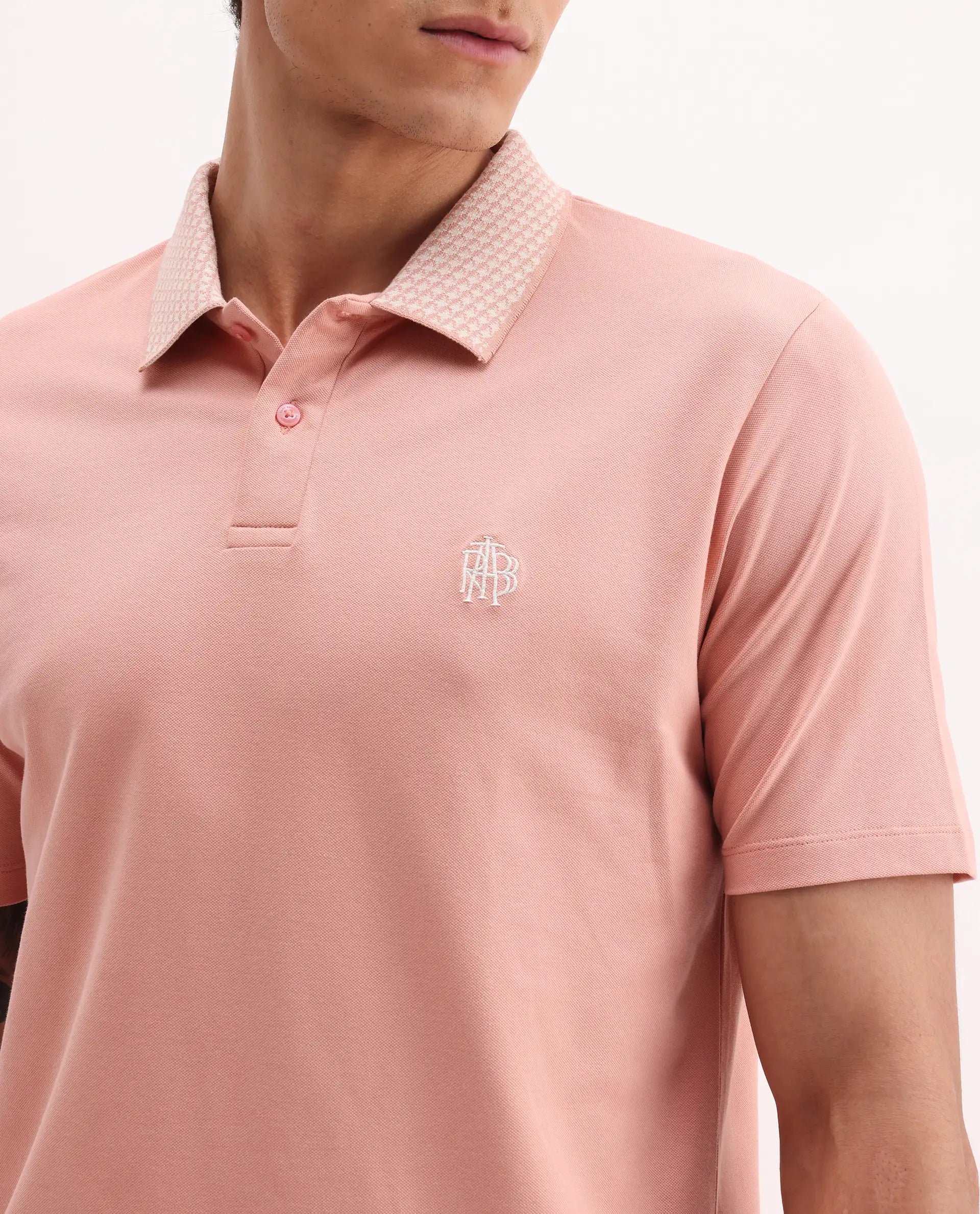 Rare Rabbit Men's Booth Light Peach Cotton Embroidered Regular Fit Half Sleeve Polo
