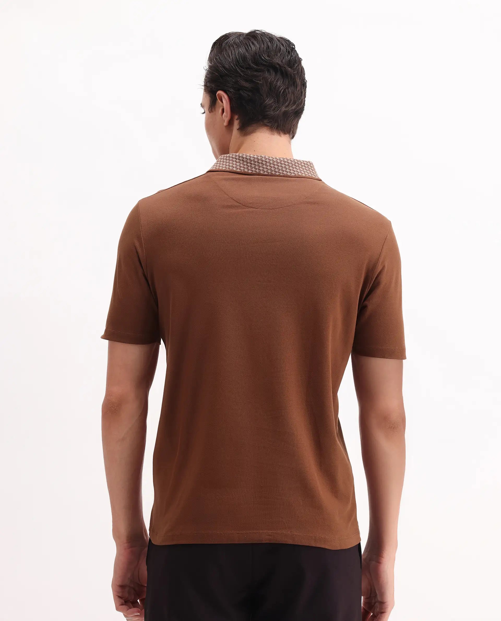 Rare Rabbit Men's Booth Rust Cotton Embroidered Regular Fit Half Sleeve Polo