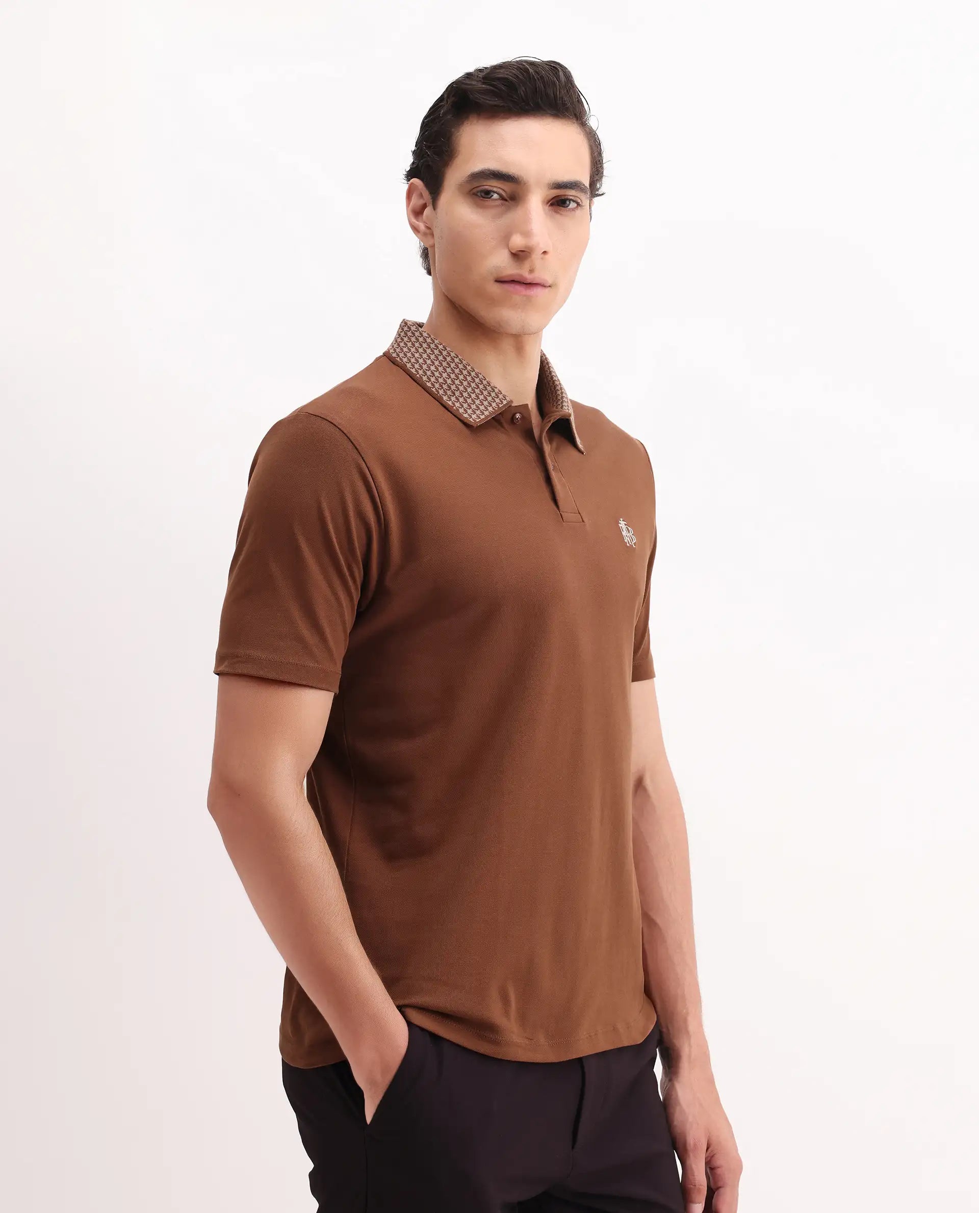Rare Rabbit Men's Booth Rust Cotton Embroidered Regular Fit Half Sleeve Polo