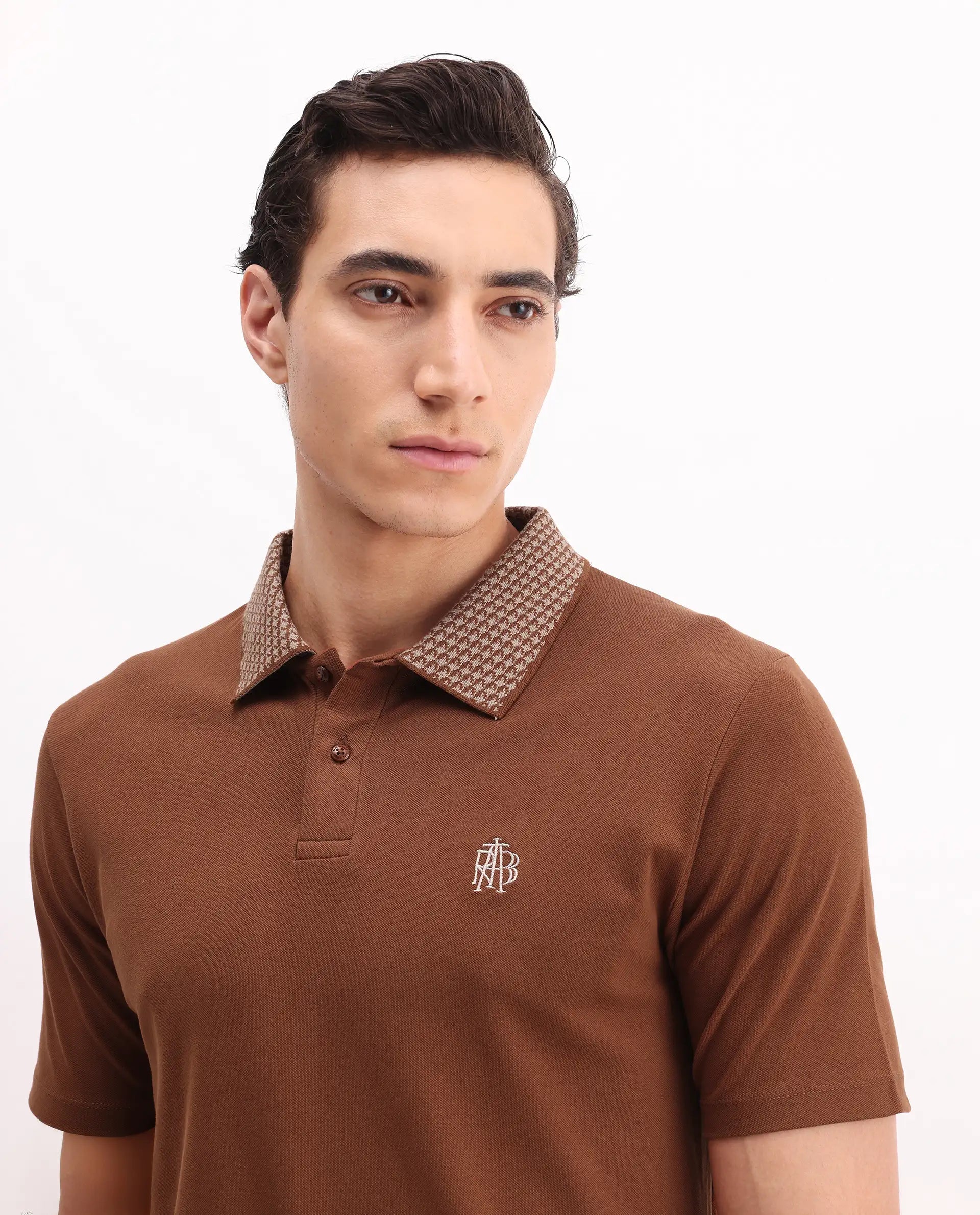 Rare Rabbit Men's Booth Rust Cotton Embroidered Regular Fit Half Sleeve Polo