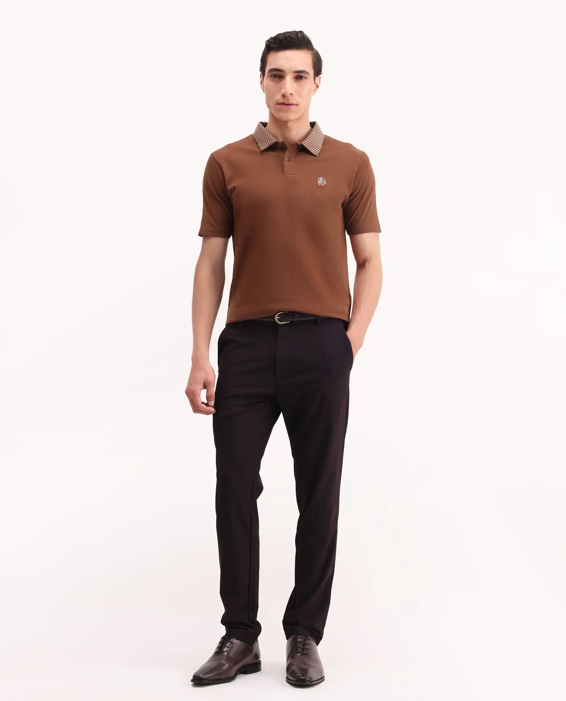 Rare Rabbit Men's Booth Rust Cotton Embroidered Regular Fit Half Sleeve Polo