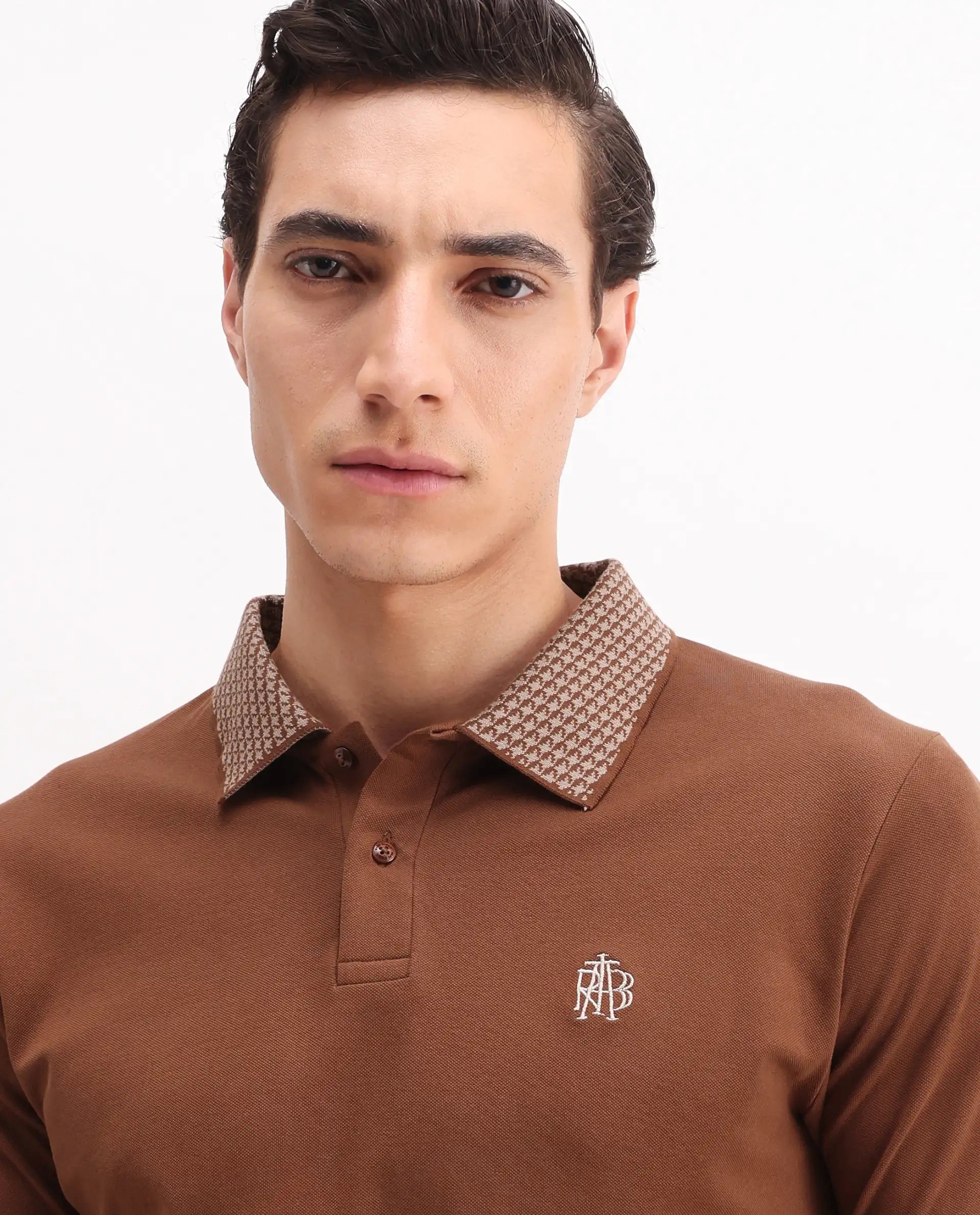 Rare Rabbit Men's Booth Rust Cotton Embroidered Regular Fit Half Sleeve Polo