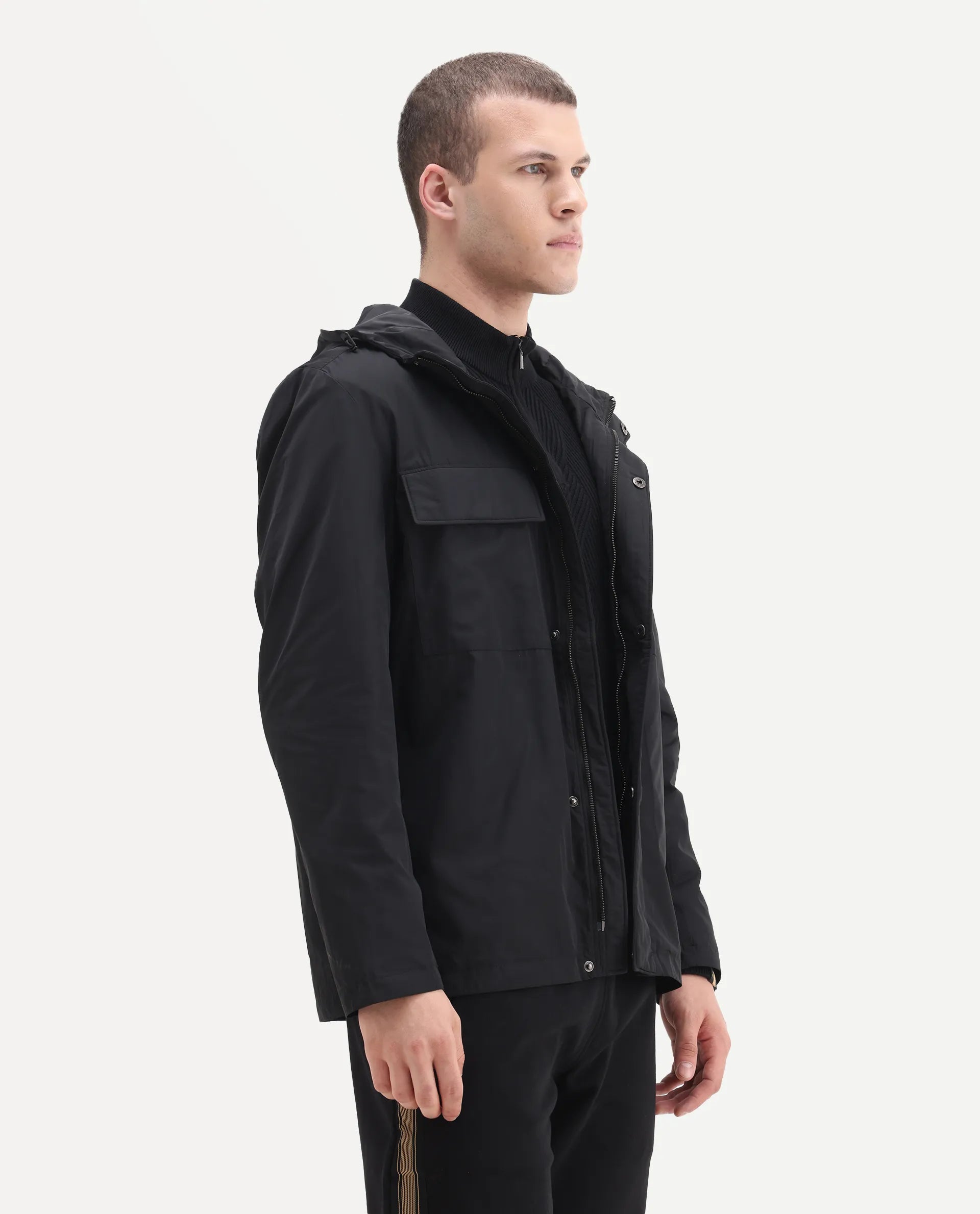 Rare Rabbit Men's Boqi Black Polyester Fabric Hooded Regular Fit Plain Jacket
