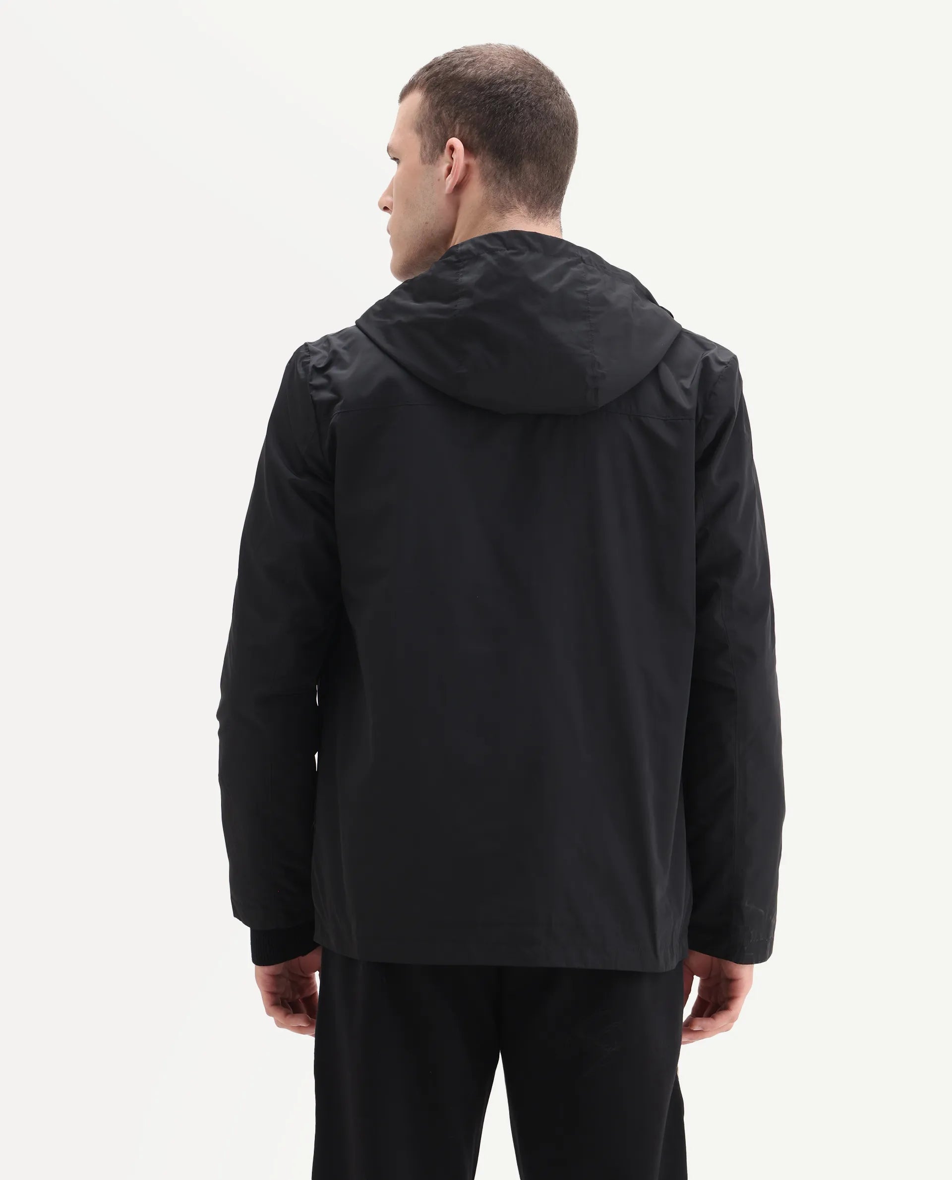 Rare Rabbit Men's Boqi Black Polyester Fabric Hooded Regular Fit Plain Jacket