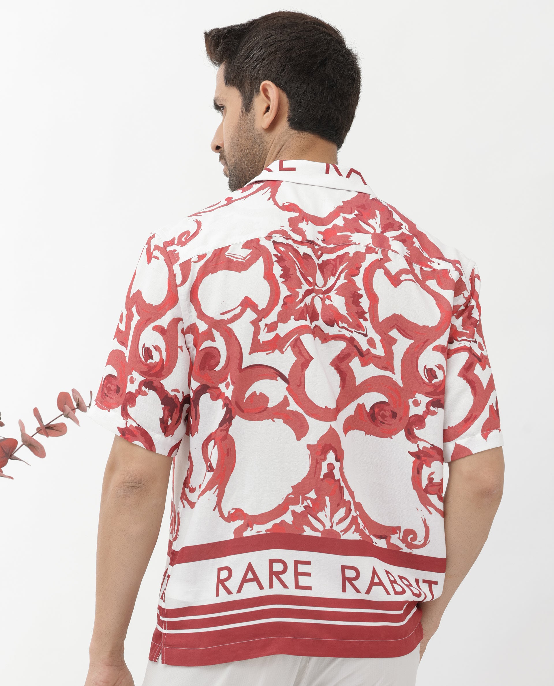 Rare Rabbit Mens Bordin Red Viscose Fabric Half Sleeves Cuban Collar Boxy Fit Abstract Print Shirt