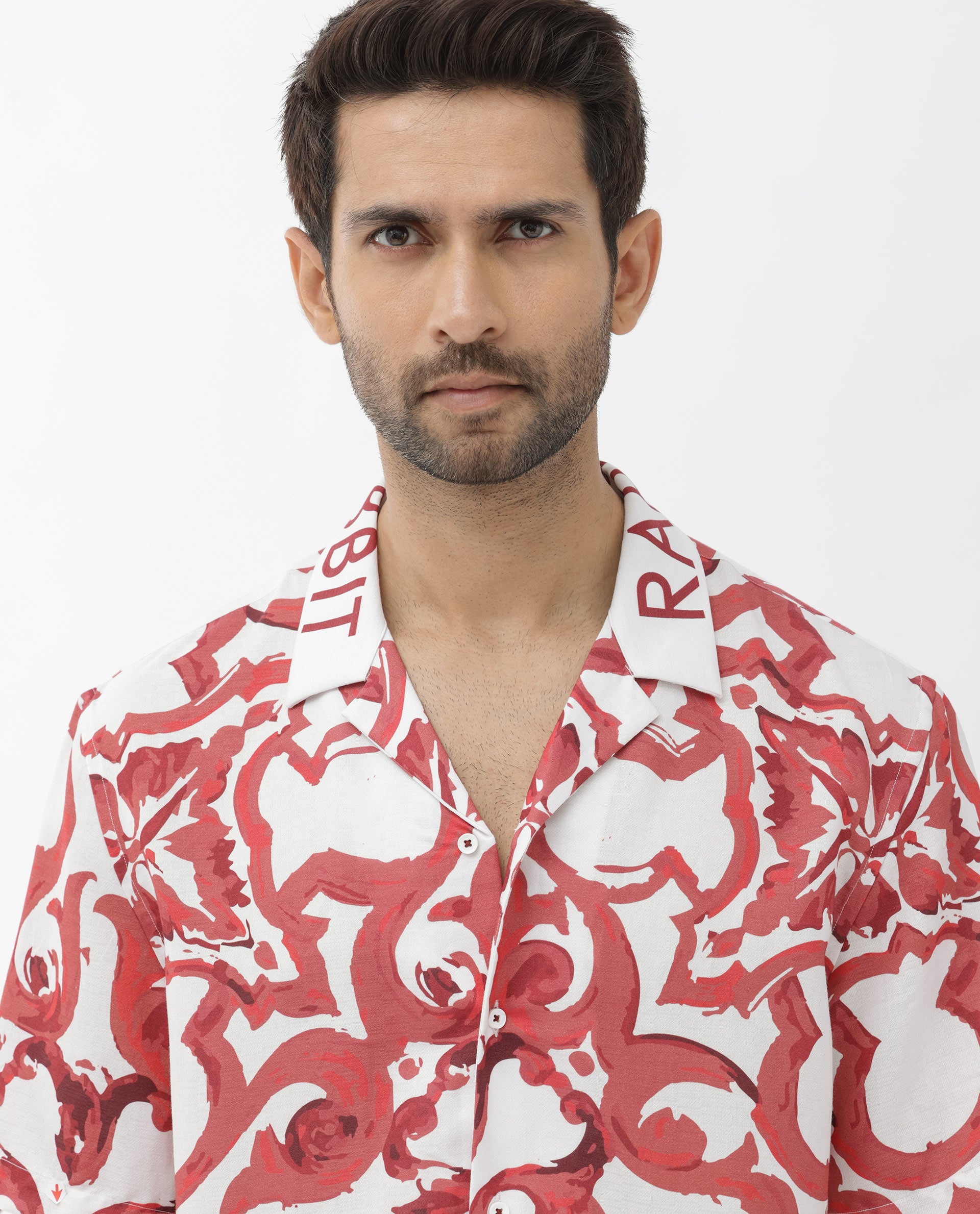 Rare Rabbit Mens Bordin Red Viscose Fabric Half Sleeves Cuban Collar Boxy Fit Abstract Print Shirt