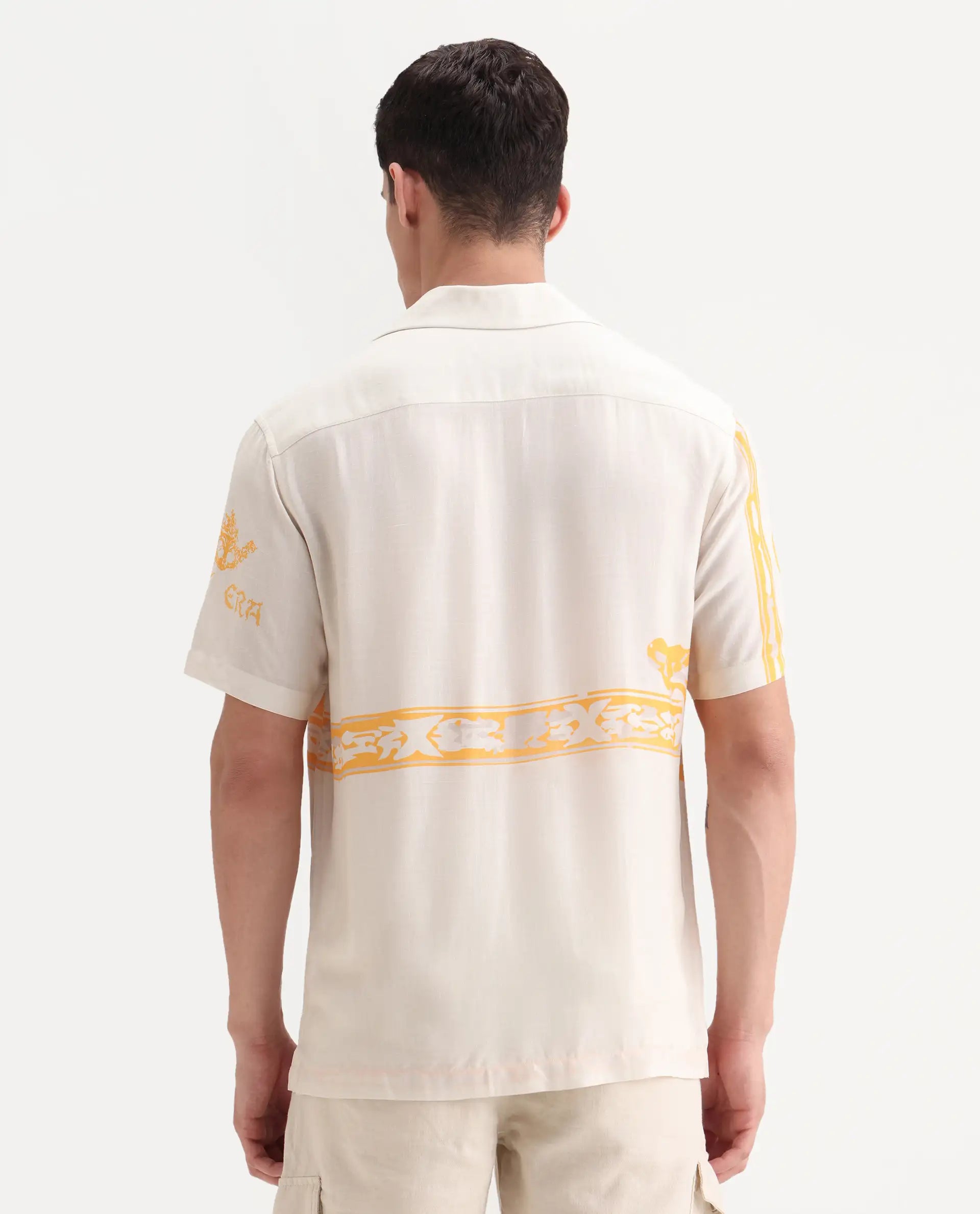 Rare Rabbit Men's Bordis-25 Off White Viscose Abstract Print Boxy Fit Half Sleeve Spread Collar Shirt