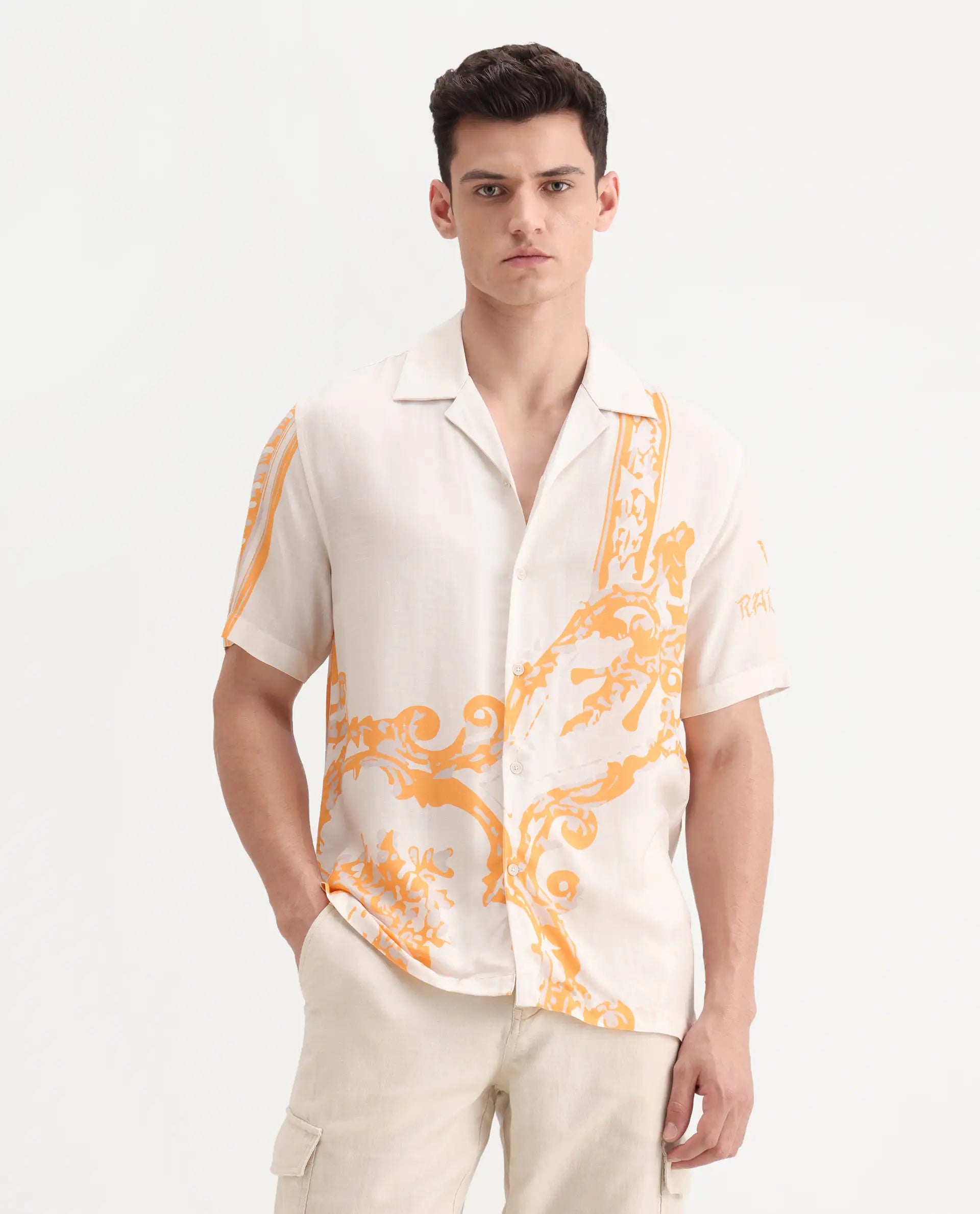 Rare Rabbit Men's Bordis-25 Off White Viscose Abstract Print Boxy Fit Half Sleeve Spread Collar Shirt