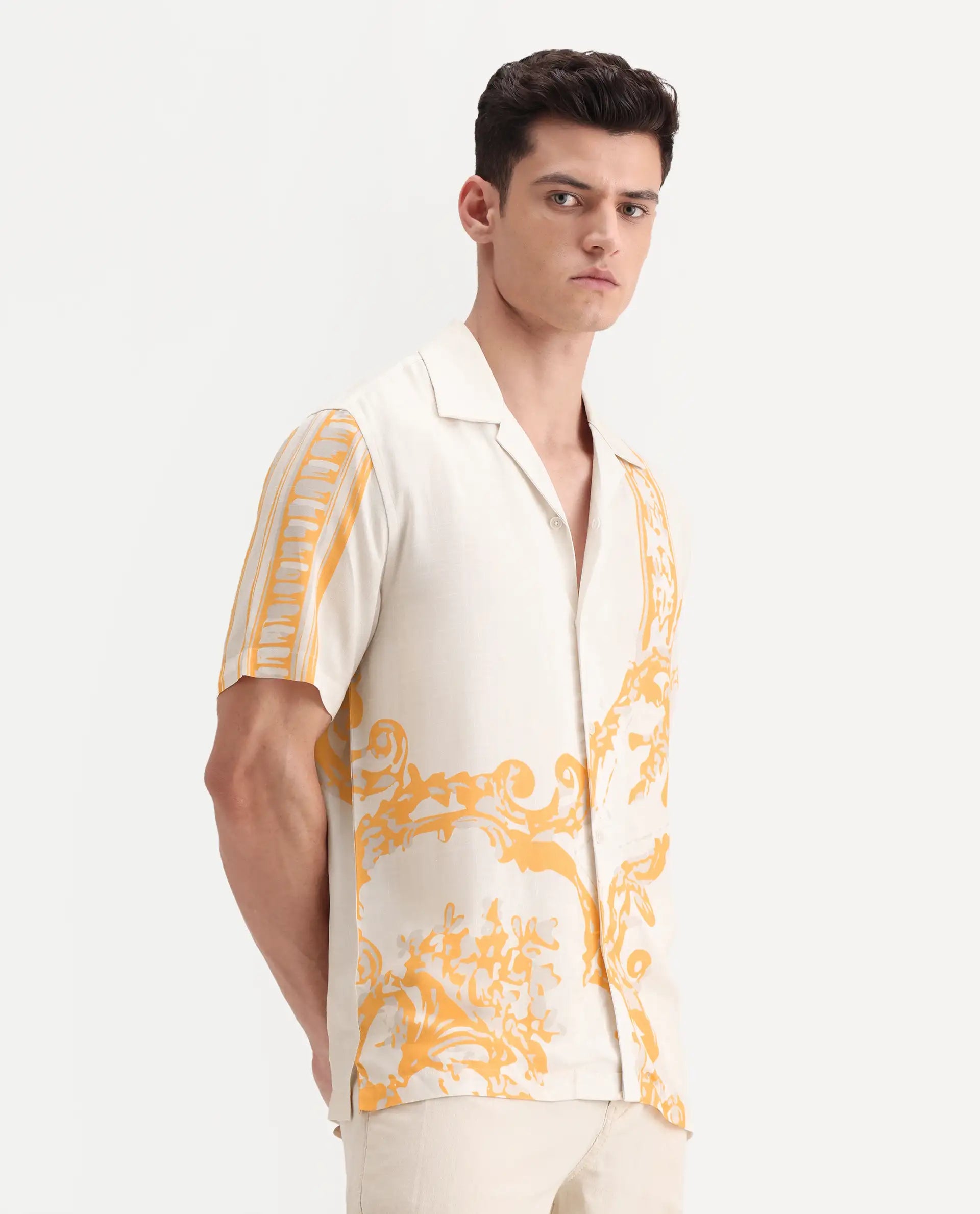 Rare Rabbit Men's Bordis-25 Off White Viscose Abstract Print Boxy Fit Half Sleeve Spread Collar Shirt