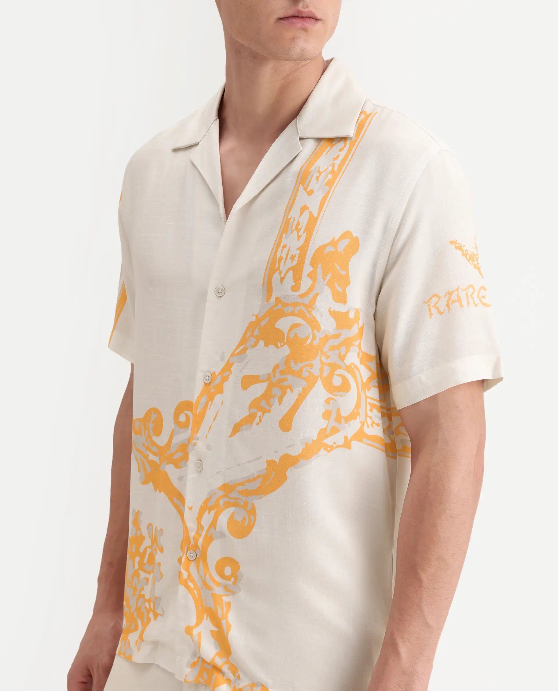 Rare Rabbit Men's Bordis-25 Off White Viscose Abstract Print Boxy Fit Half Sleeve Spread Collar Shirt