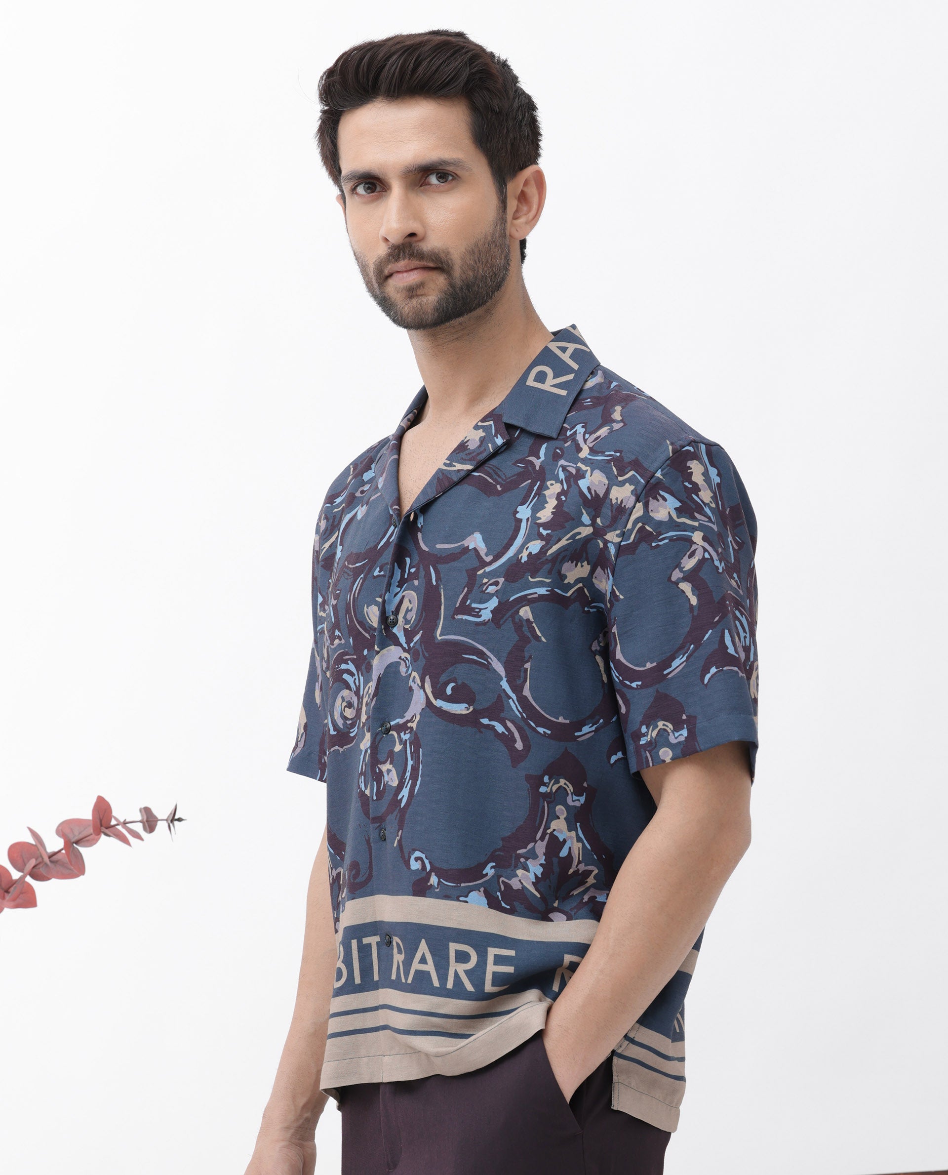 Rare Rabbit Men's Bordis Dark Navy Viscose Fabric Half Sleeves Cuban Collar Boxy Fit Abstract Print Shirt