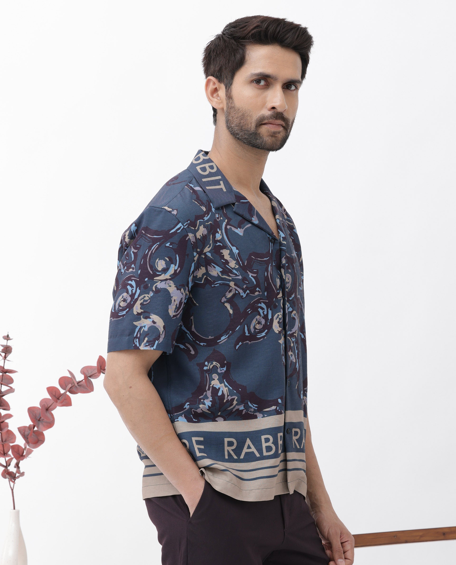 Rare Rabbit Men's Bordis Dark Navy Viscose Fabric Half Sleeves Cuban Collar Boxy Fit Abstract Print Shirt