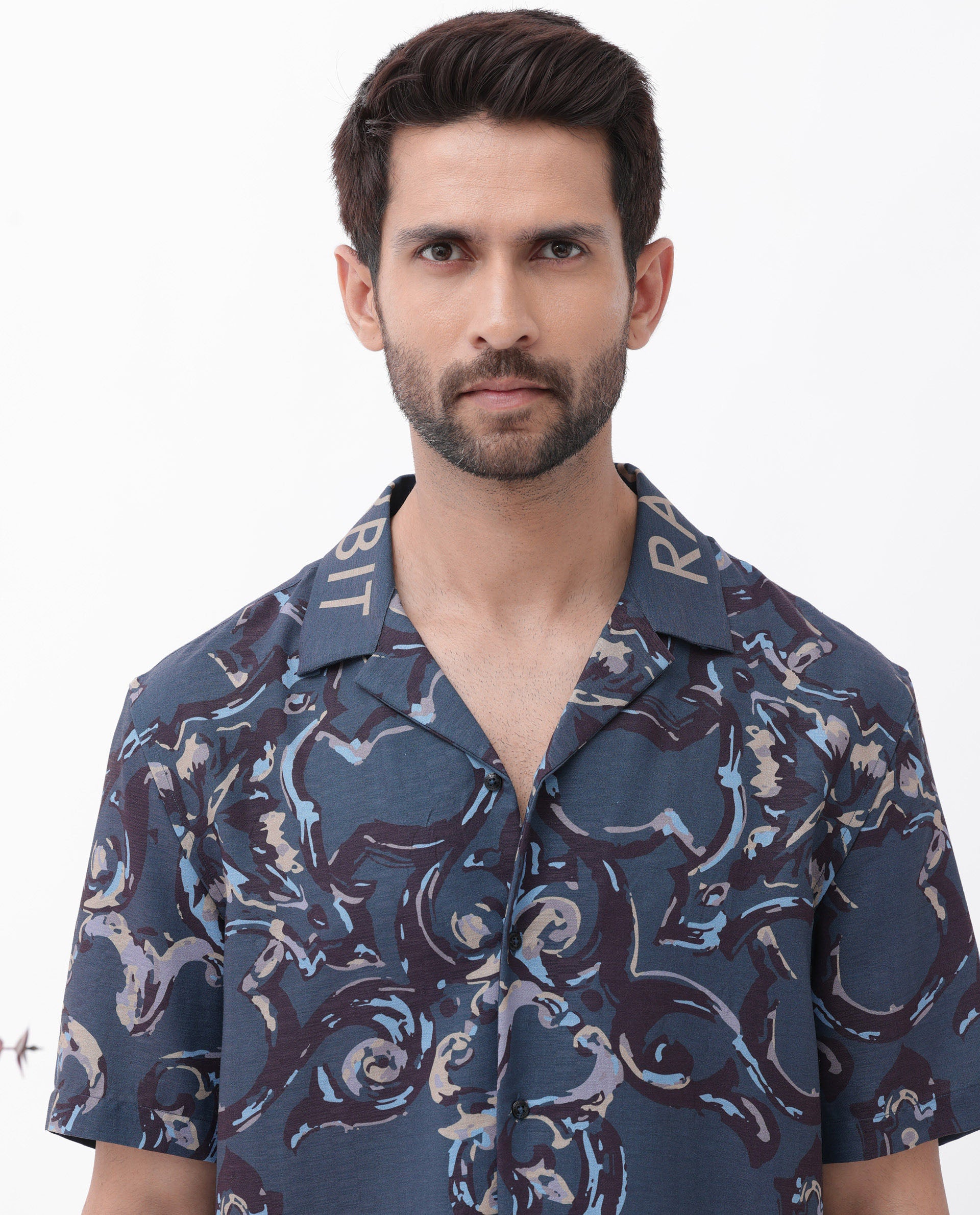 Rare Rabbit Men's Bordis Dark Navy Viscose Fabric Half Sleeves Cuban Collar Boxy Fit Abstract Print Shirt
