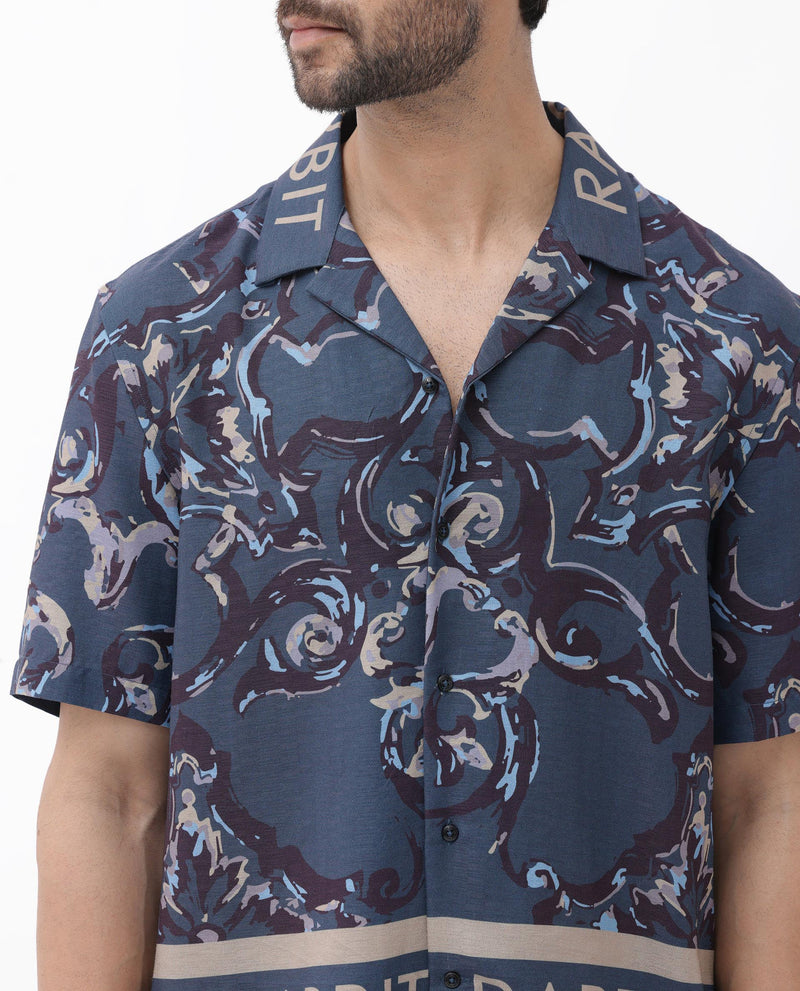 Rare Rabbit Men's Bordis Dark Navy Viscose Fabric Half Sleeves Cuban Collar Boxy Fit Abstract Print Shirt