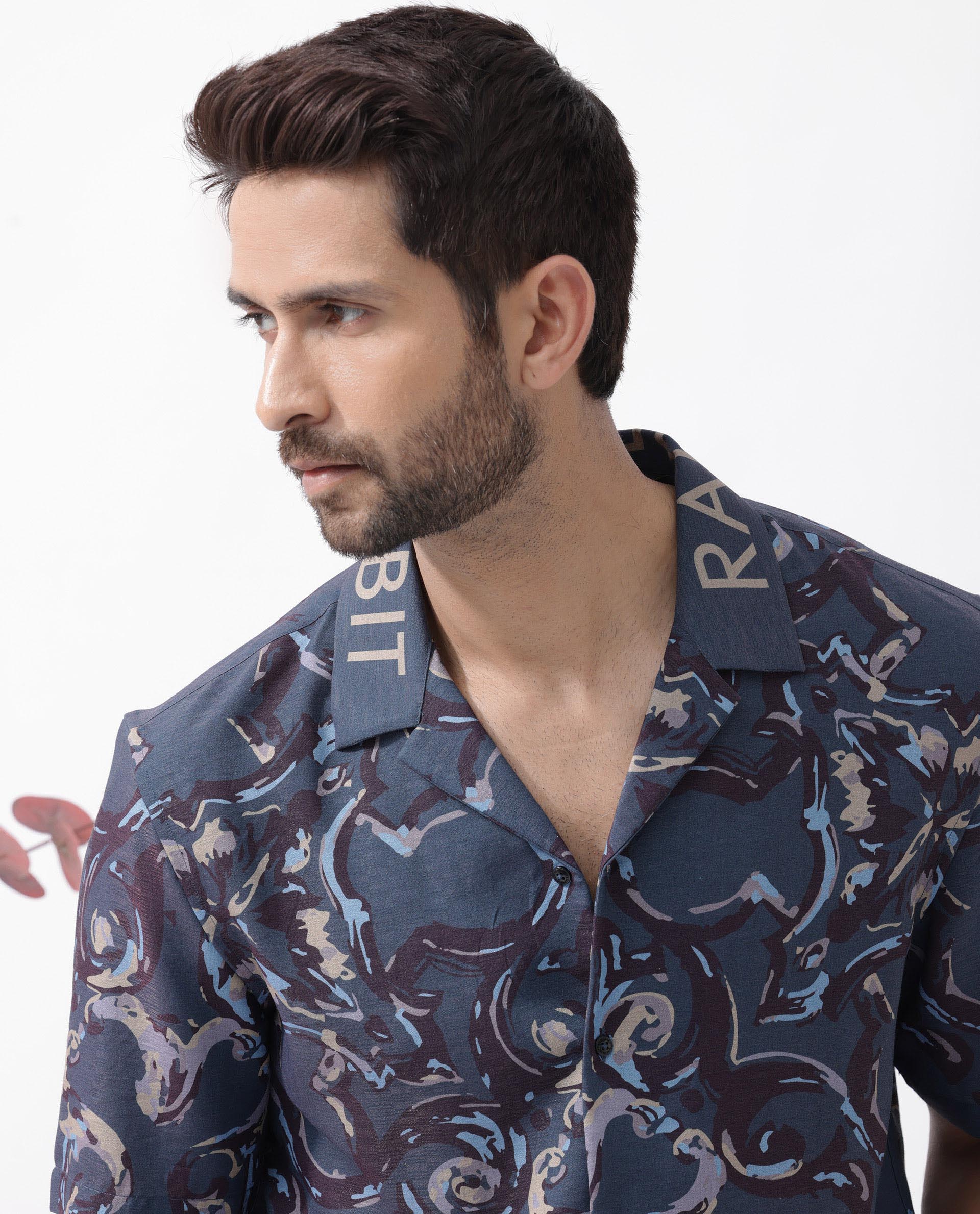 Rare Rabbit Men's Bordis Dark Navy Viscose Fabric Half Sleeves Cuban Collar Boxy Fit Abstract Print Shirt