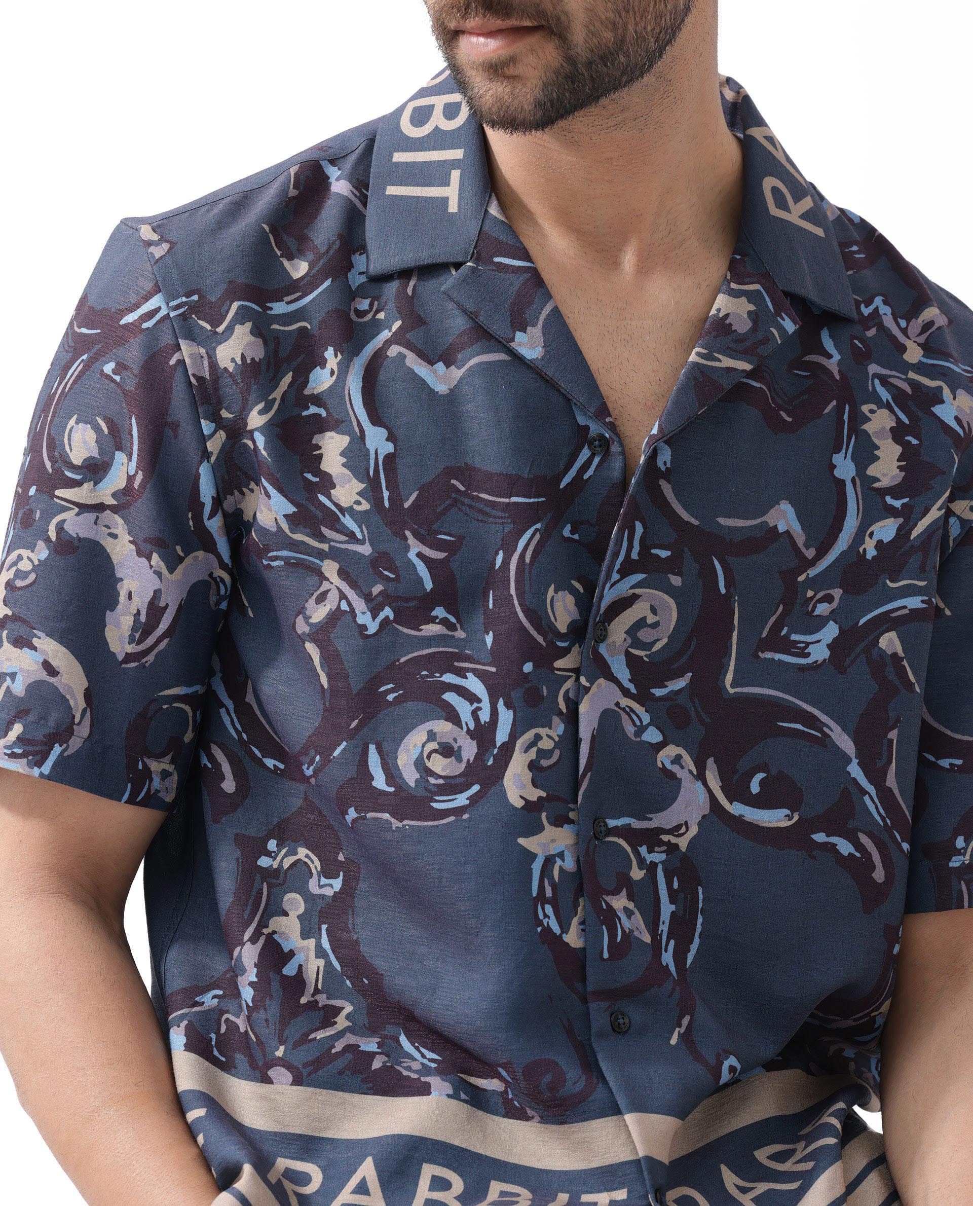 Rare Rabbit Men's Bordis Dark Navy Viscose Fabric Half Sleeves Cuban Collar Boxy Fit Abstract Print Shirt