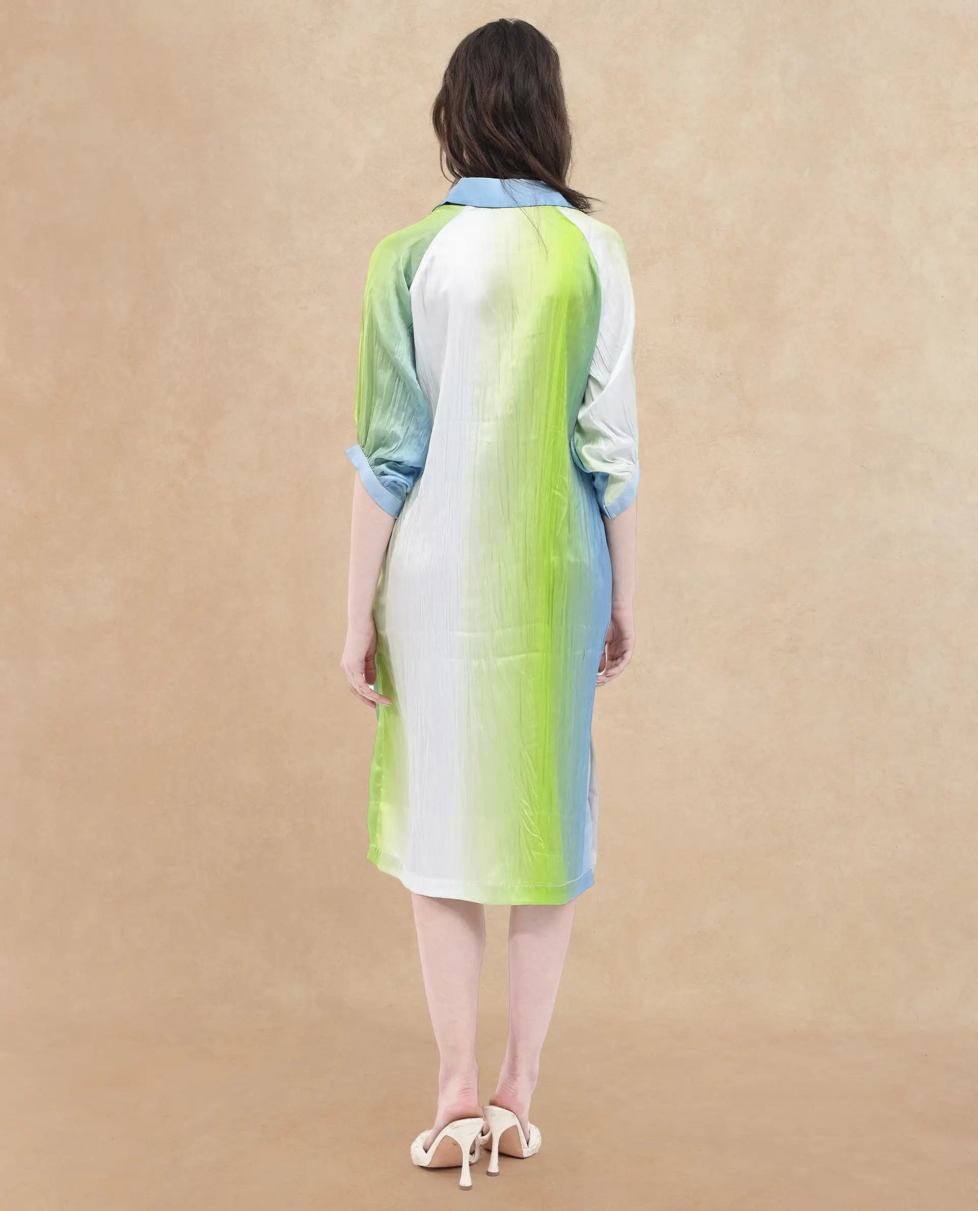 Rareism Women Boris Multi Polyester Fabric Cap Sleeve Collared Neck Ombre Longline Dress